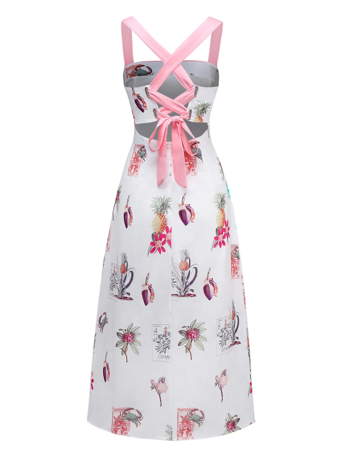 Pink 1960s Tropical Prints Tie-Back Straps Dress - Image 2