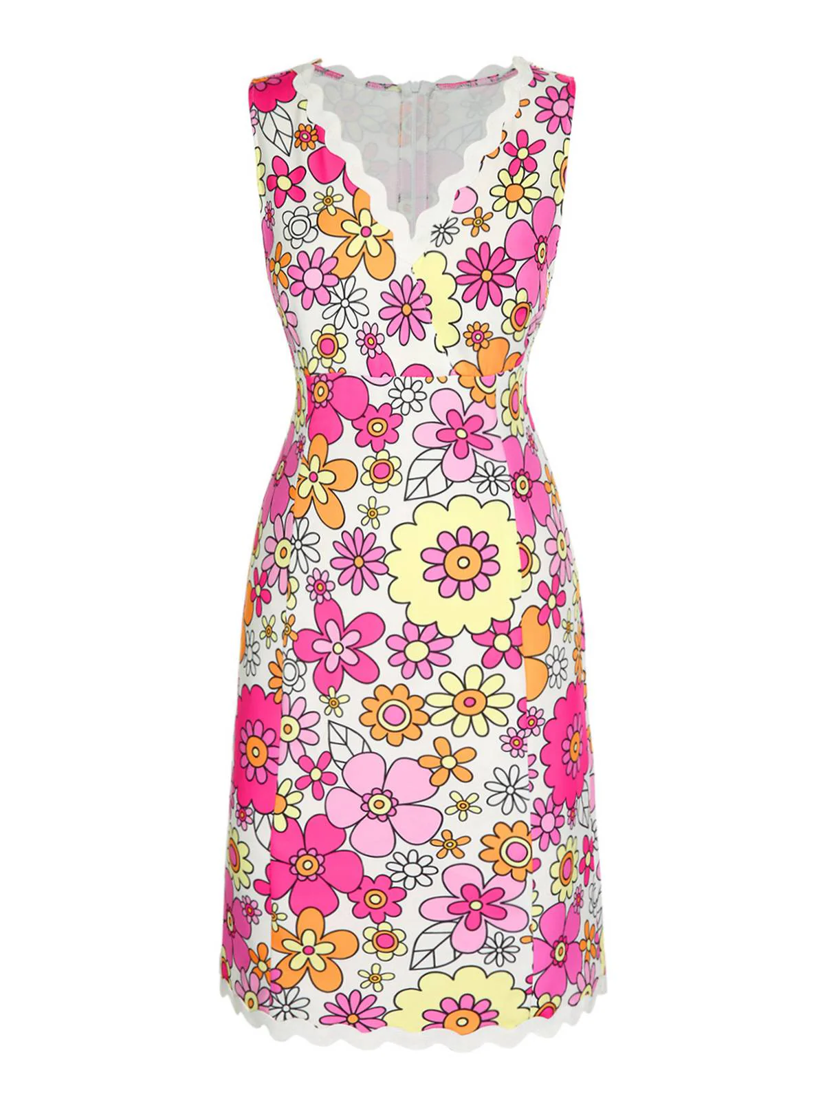 Pink 1960s V-Neck Cartoon Flowers Pencil Dress - Image 2