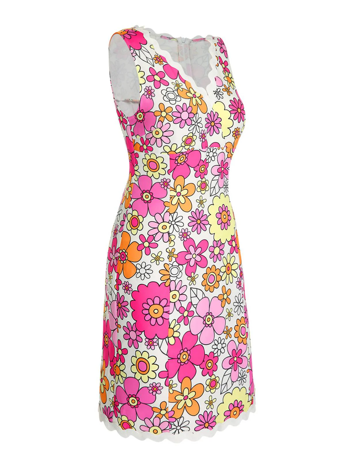 Pink 1960s V-Neck Cartoon Flowers Pencil Dress - Image 3