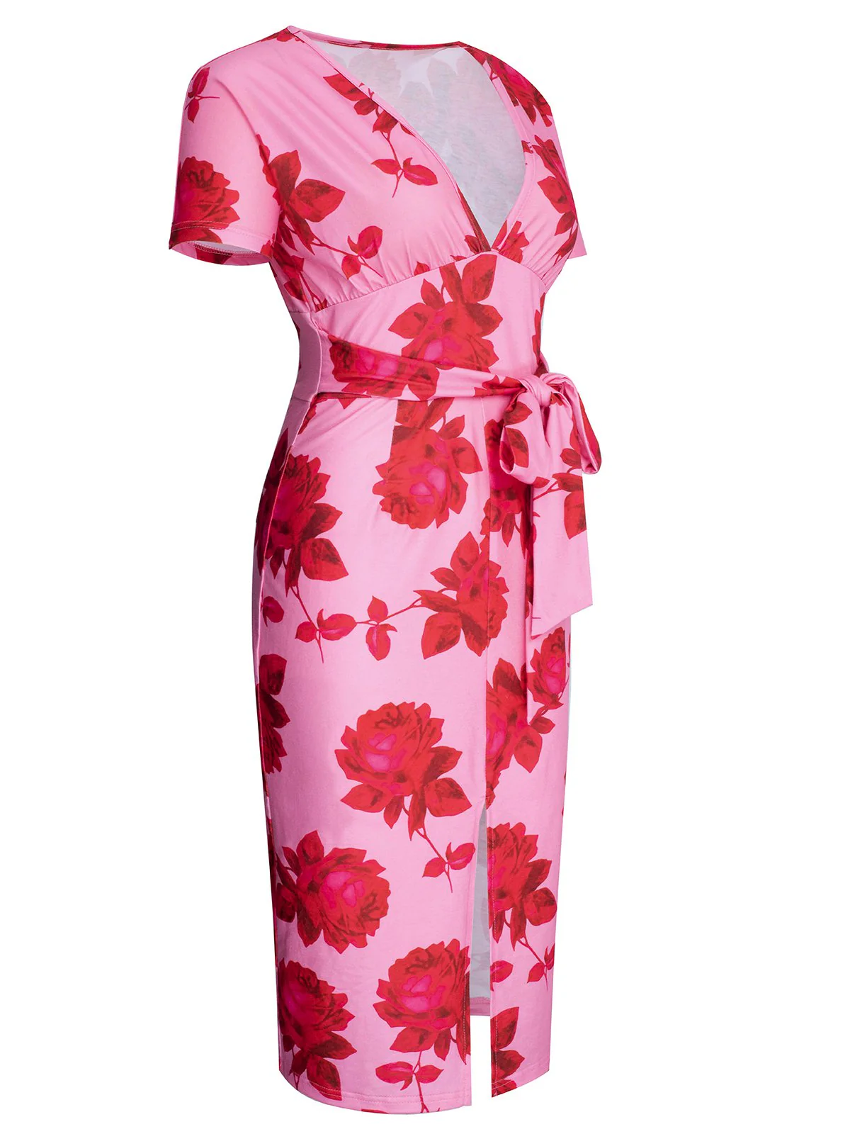 Pink 1960s V-Neck Floral Tie Split Dress - Image 2