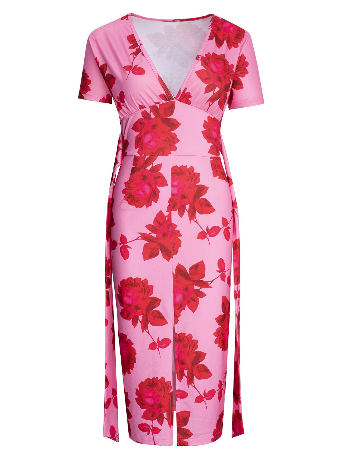Pink 1960s V-Neck Floral Tie Split Dress - Image 4