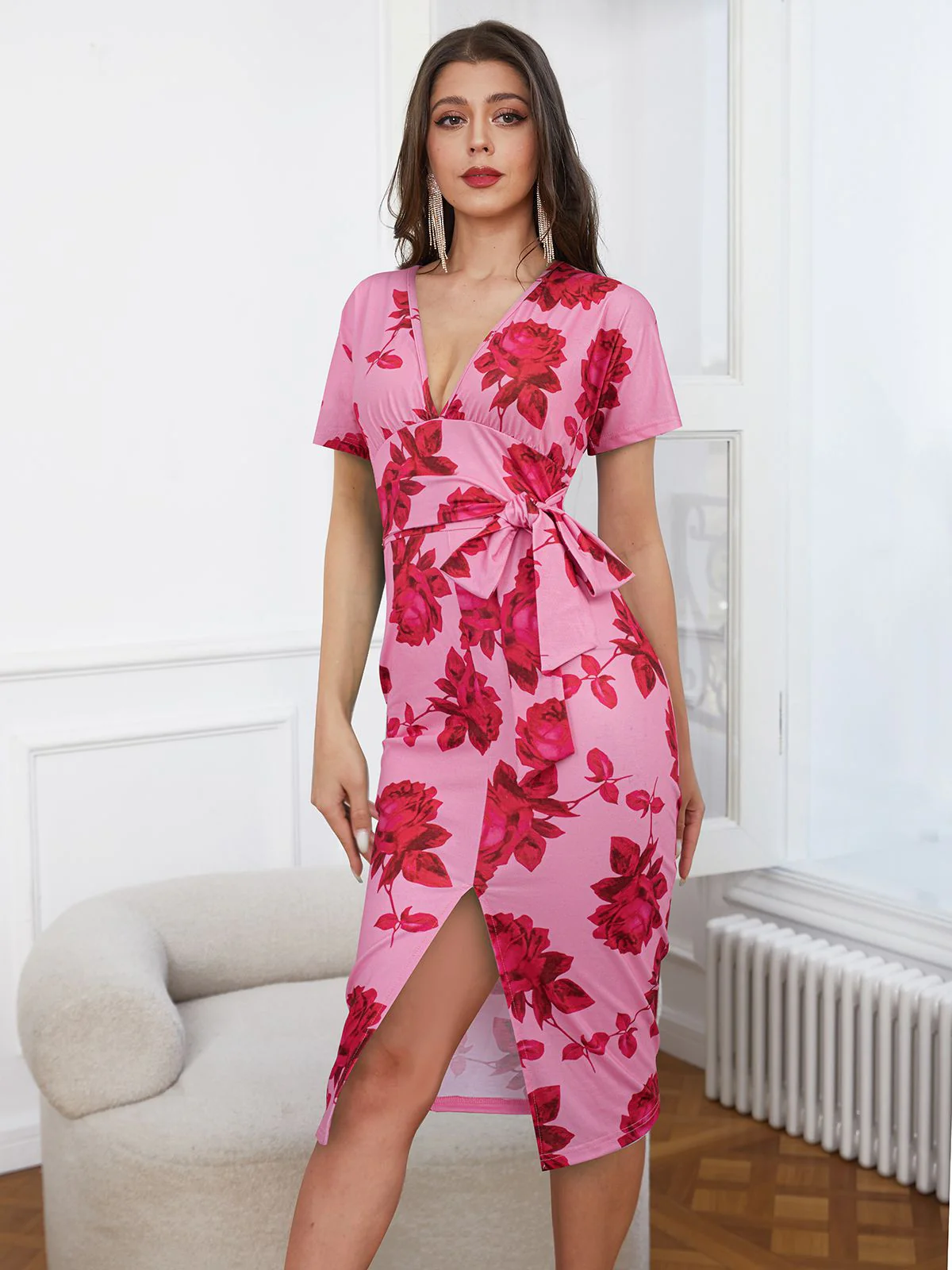 Pink 1960s V-Neck Floral Tie Split Dress - Image 5