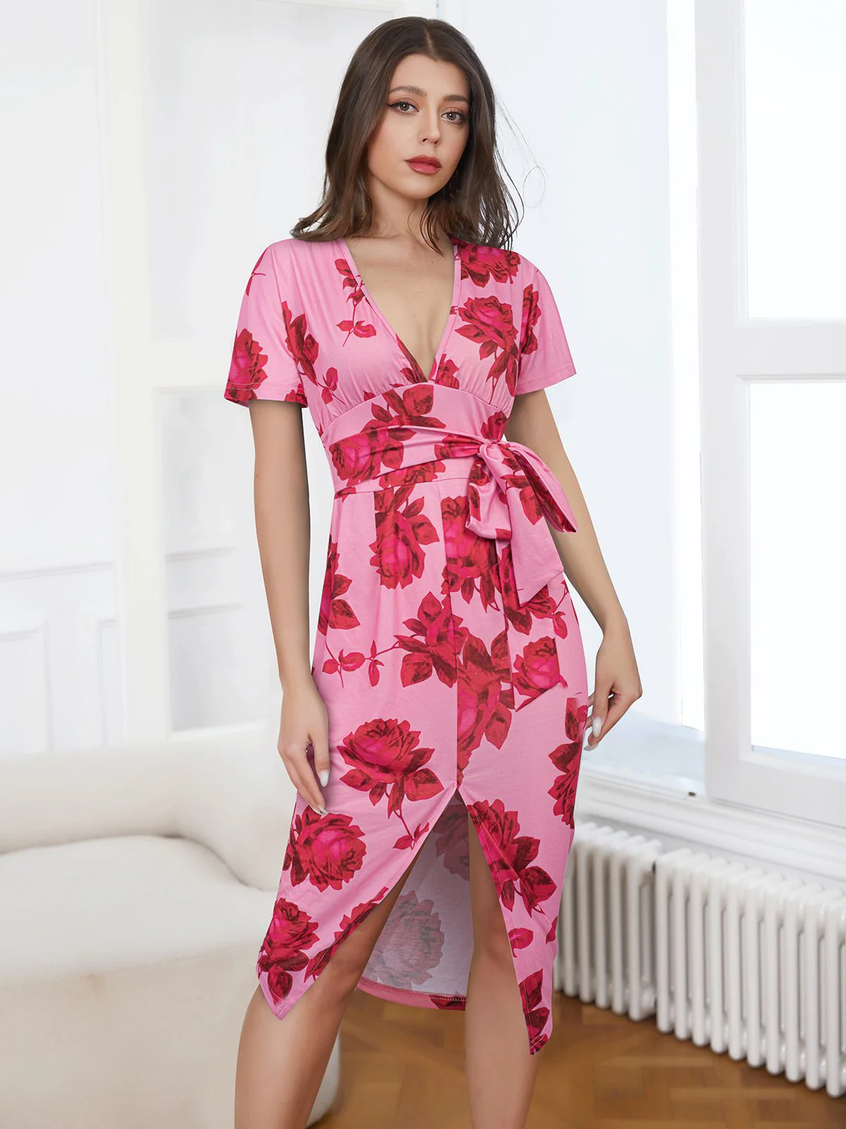 Pink 1960s V-Neck Floral Tie Split Dress - Image 6