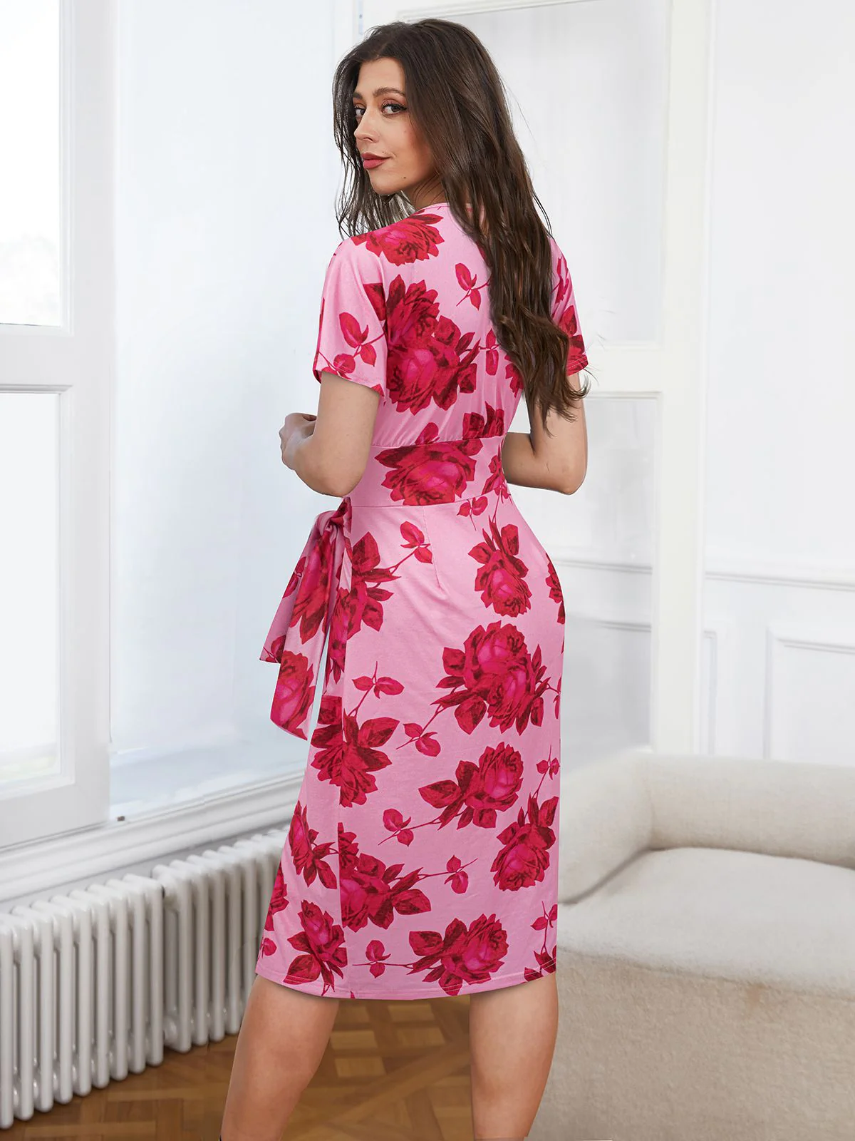 Pink 1960s V-Neck Floral Tie Split Dress - Image 7