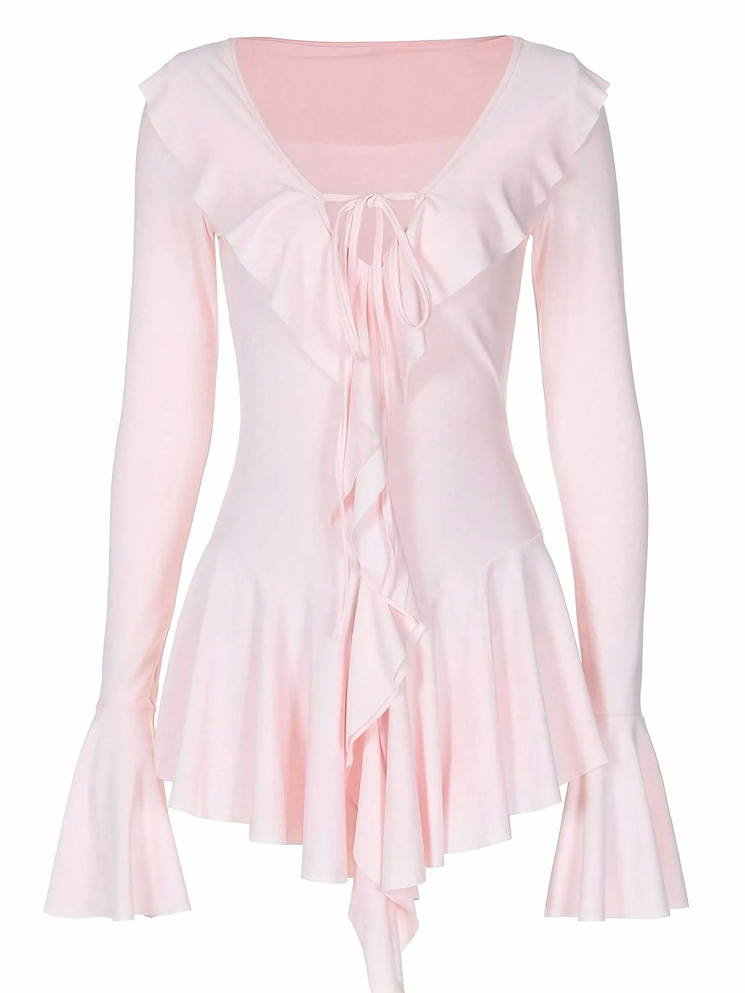 Pink 1960s V-Neck Ruffle Flared Sleeve Dress - Image 2