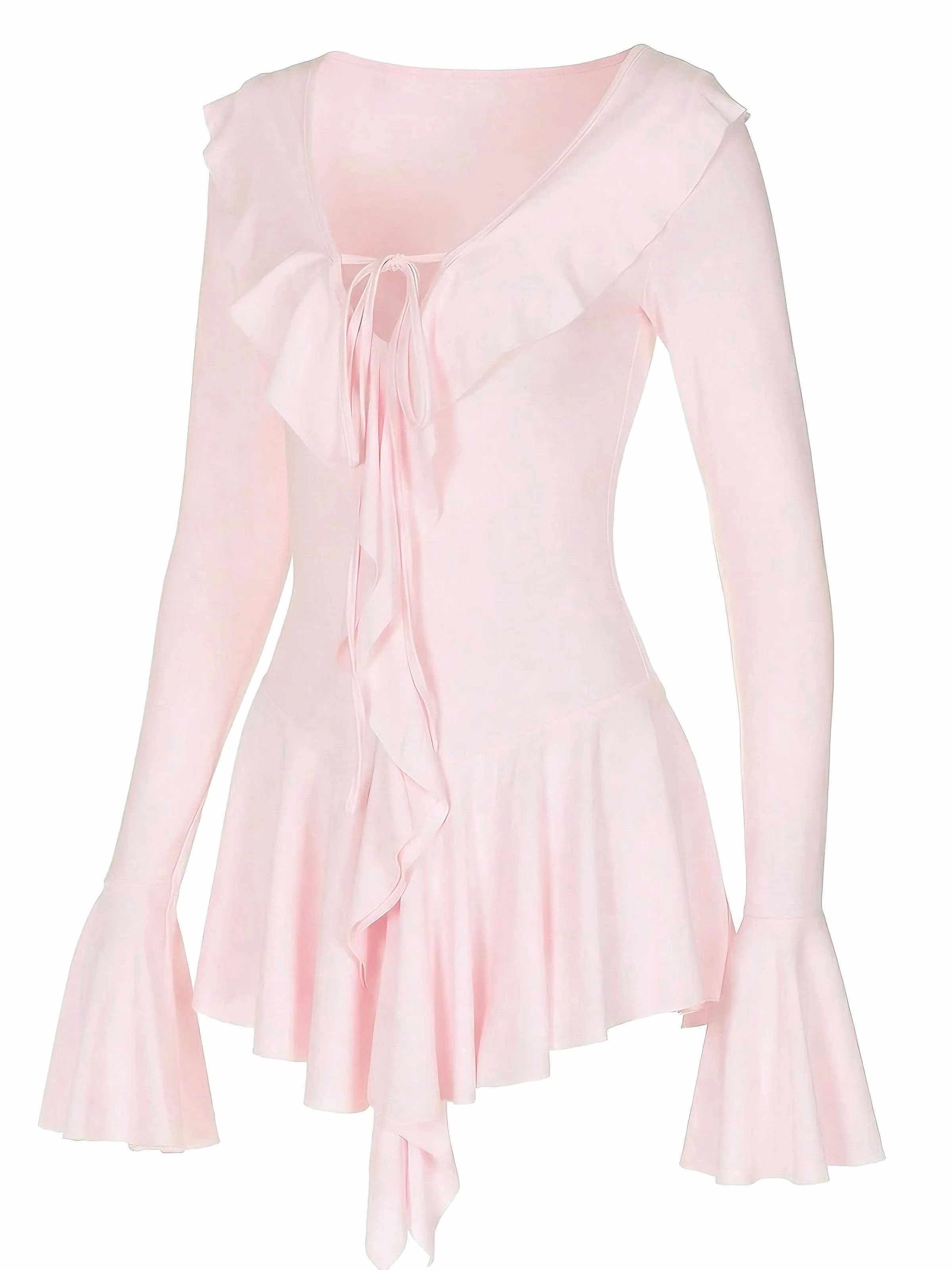 Pink 1960s V-Neck Ruffle Flared Sleeve Dress - Image 5