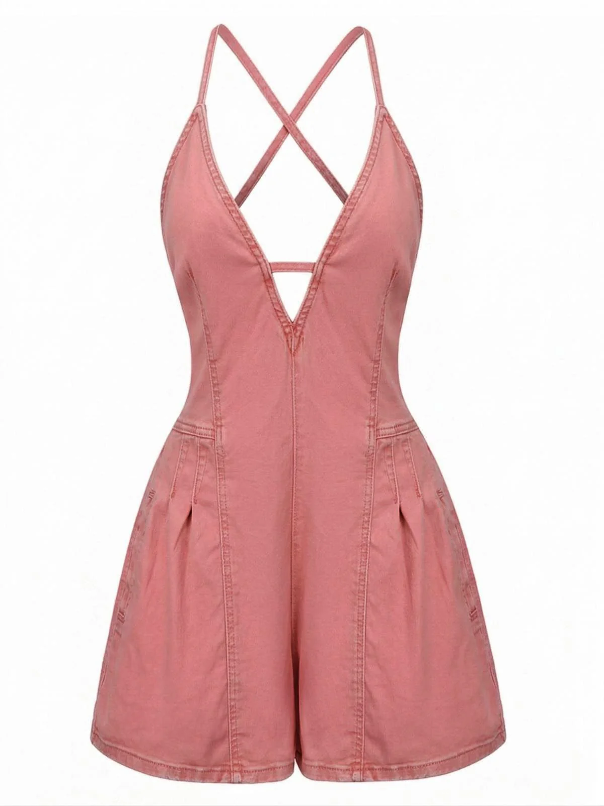 Pink 1960s V-Neck Strap Denim Romper - Image 2