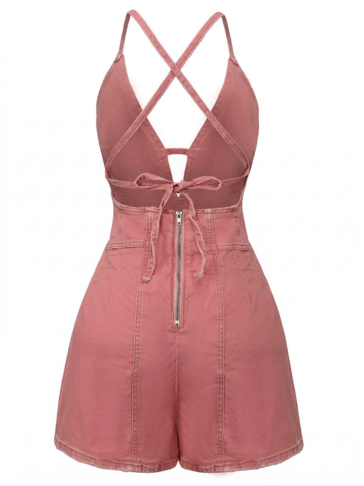 Pink 1960s V-Neck Strap Denim Romper - Image 3