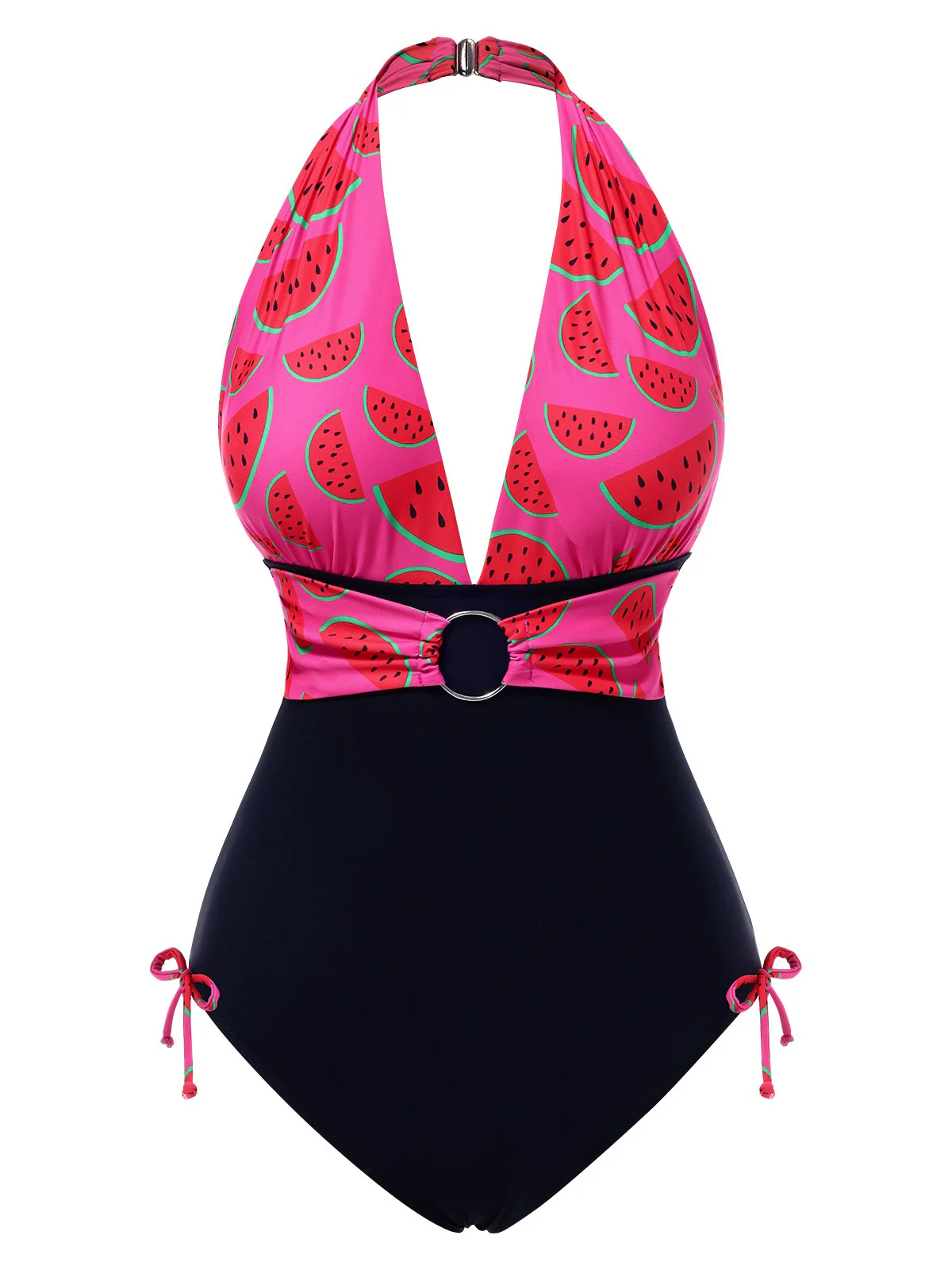 Pink 1960s Watermelon Deep V Halter Swimsuit - Image 2