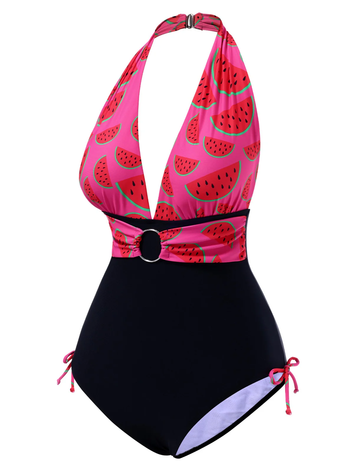 Pink 1960s Watermelon Deep V Halter Swimsuit - Image 3