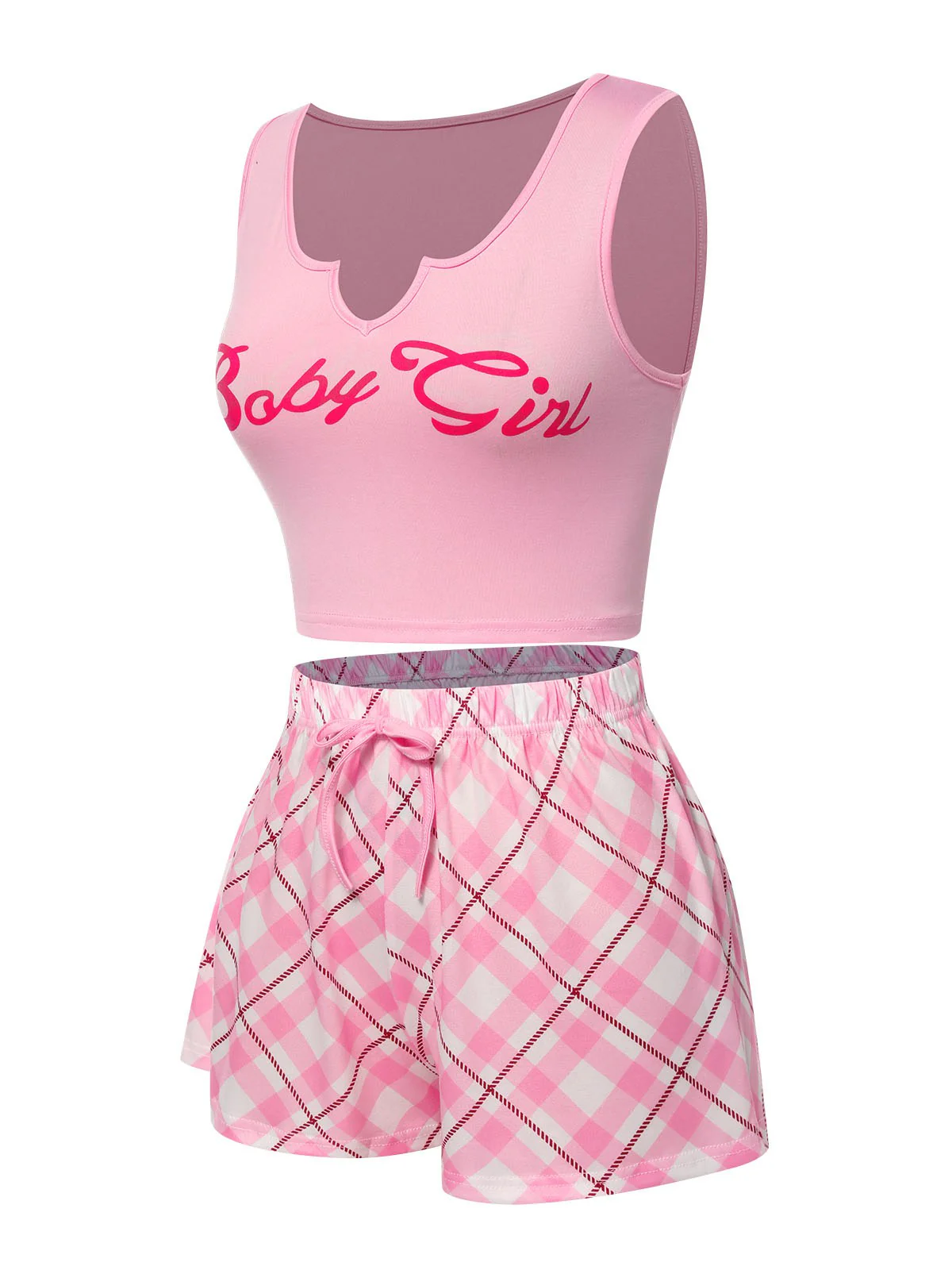 Pink 1970s Baby Girl Tank Top & Plaid Shorts Pajamas - Image 2