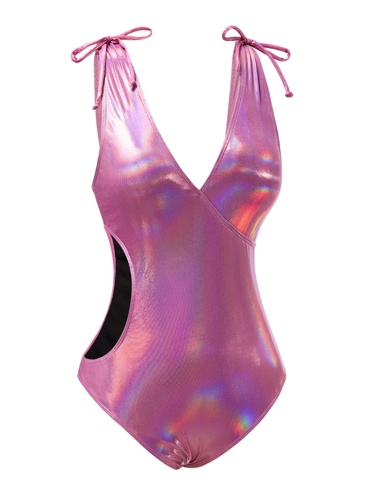 [US Warehouse] Pink 1970s Bow Deep V Gloss Hollow Swimsuit - Image 3