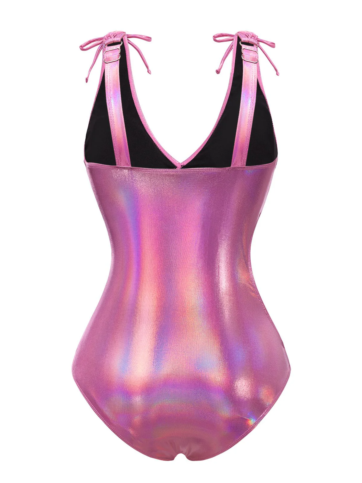 [US Warehouse] Pink 1970s Bow Deep V Gloss Hollow Swimsuit - Image 4