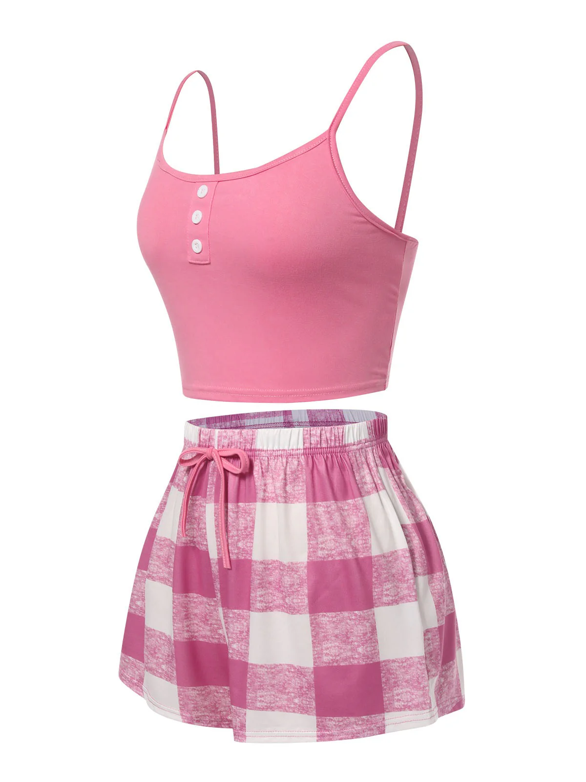 Pink 1970s Camisole Top & Plaid Shorts Pajamas - Image 3