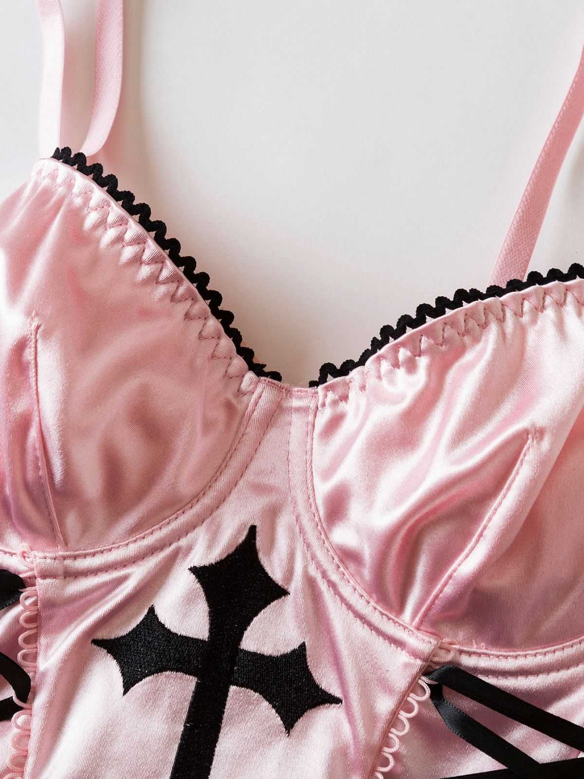 Pink 1970s Cross Gothic Satin Lace-Up Camisole - Image 3