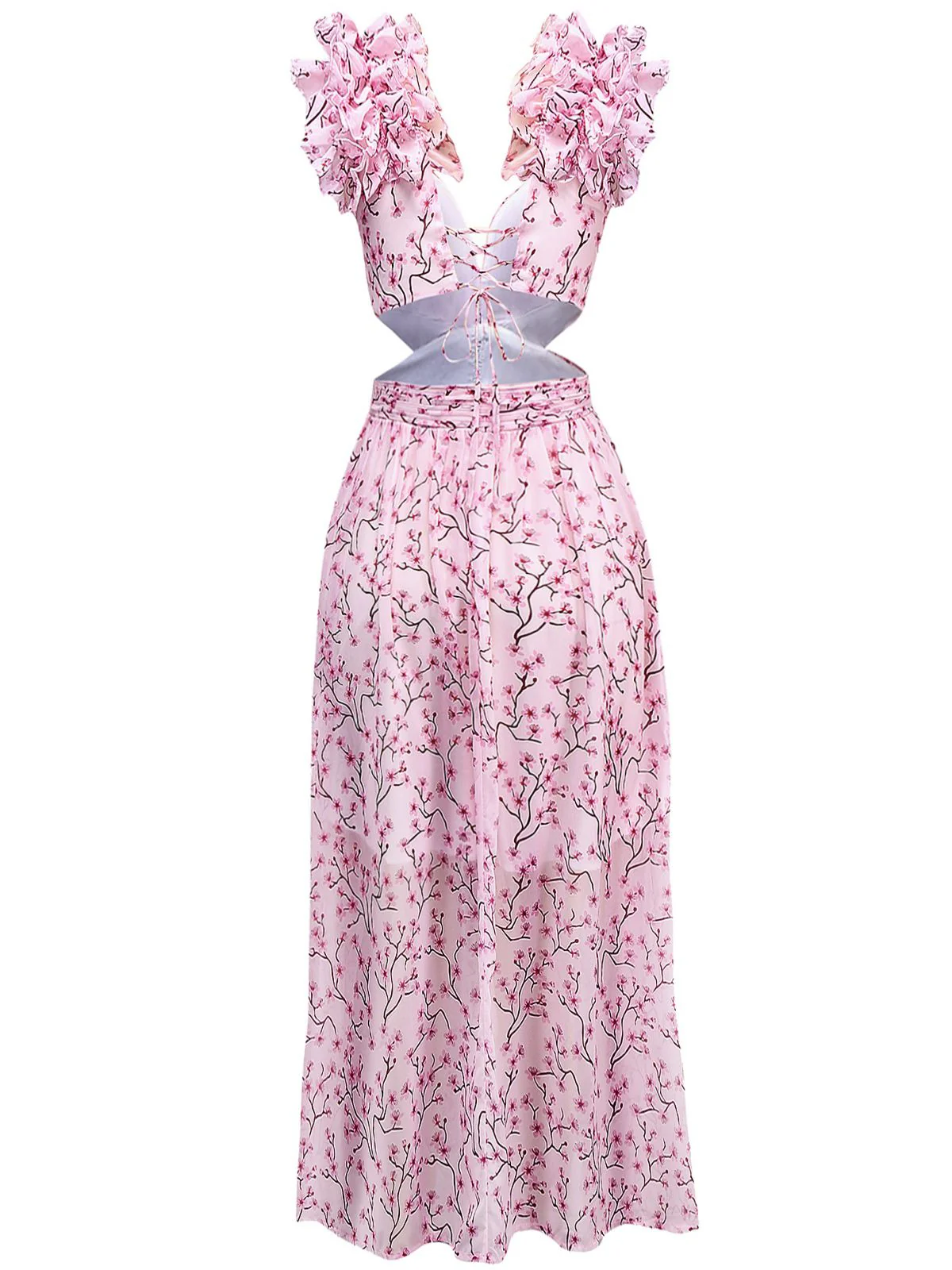 Pink 1970s Deep V-Neck Ruffle Floral Backless Dress - Image 2