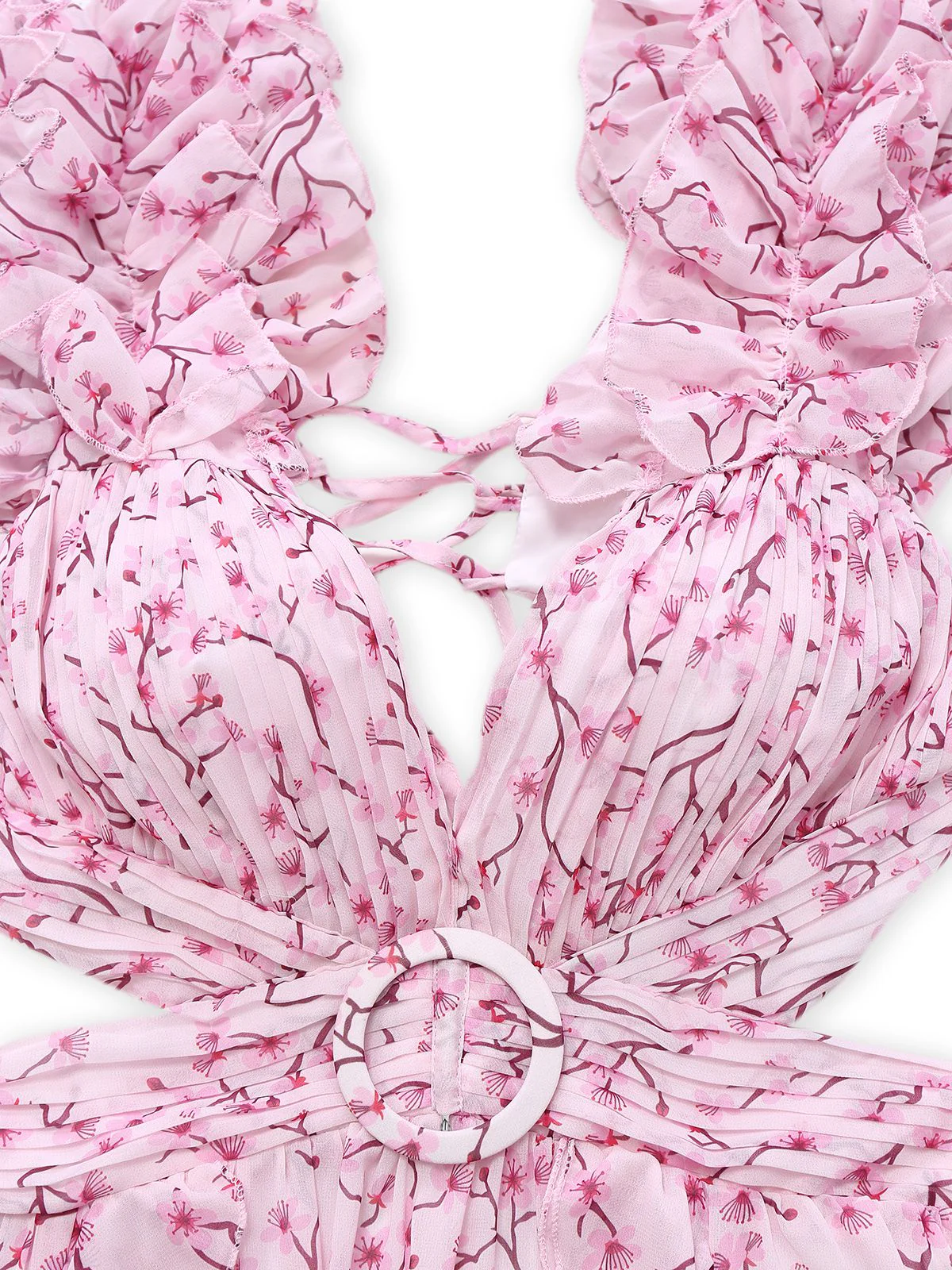 Pink 1970s Deep V-Neck Ruffle Floral Backless Dress - Image 3