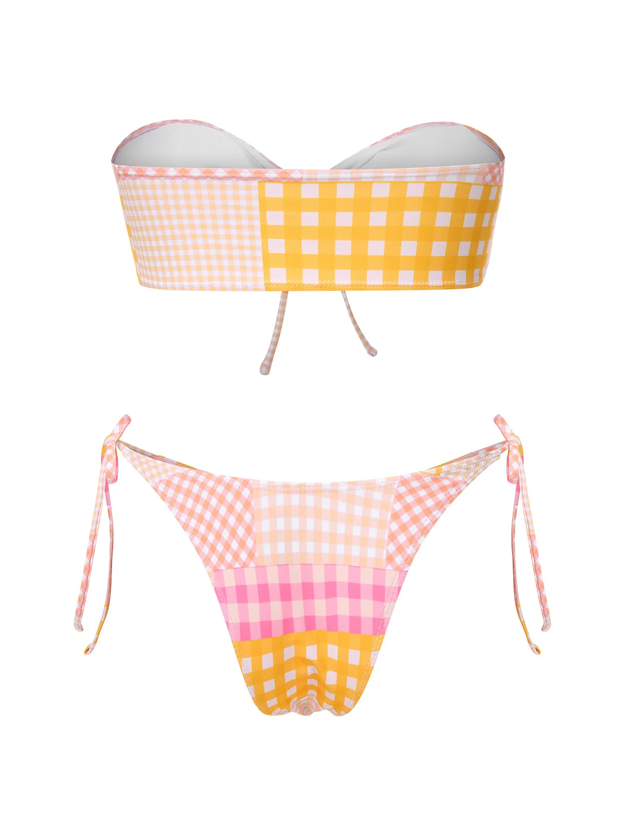 Pink 1970s Gingham Plaid Bandeau Bikini Set - Image 3