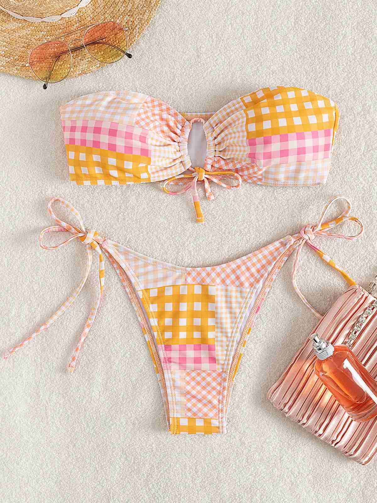 Pink 1970s Gingham Plaid Bandeau Bikini Set - Image 4