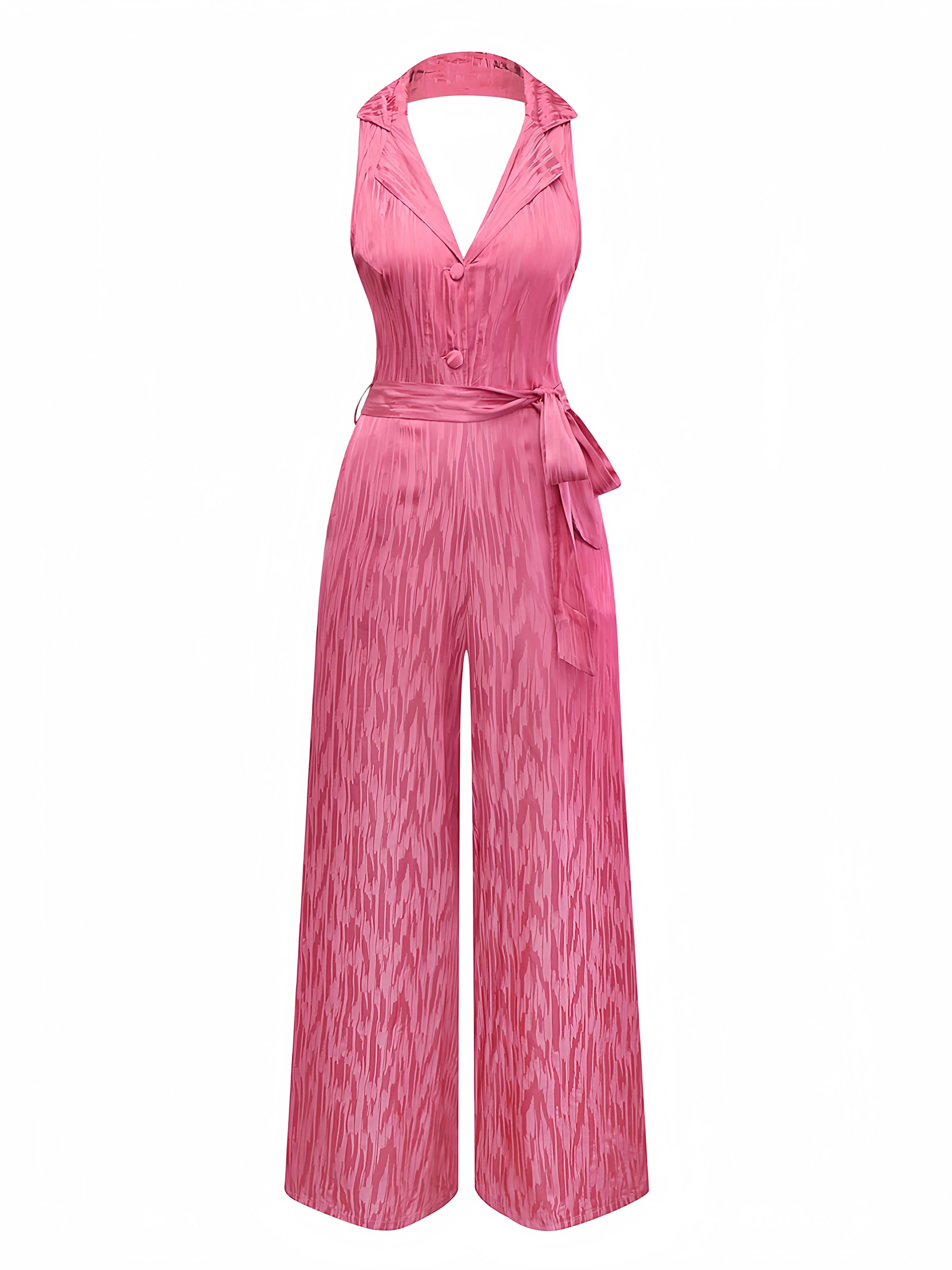 Pink 1970s Halter Lapel Satin Jumpsuit - Image 2