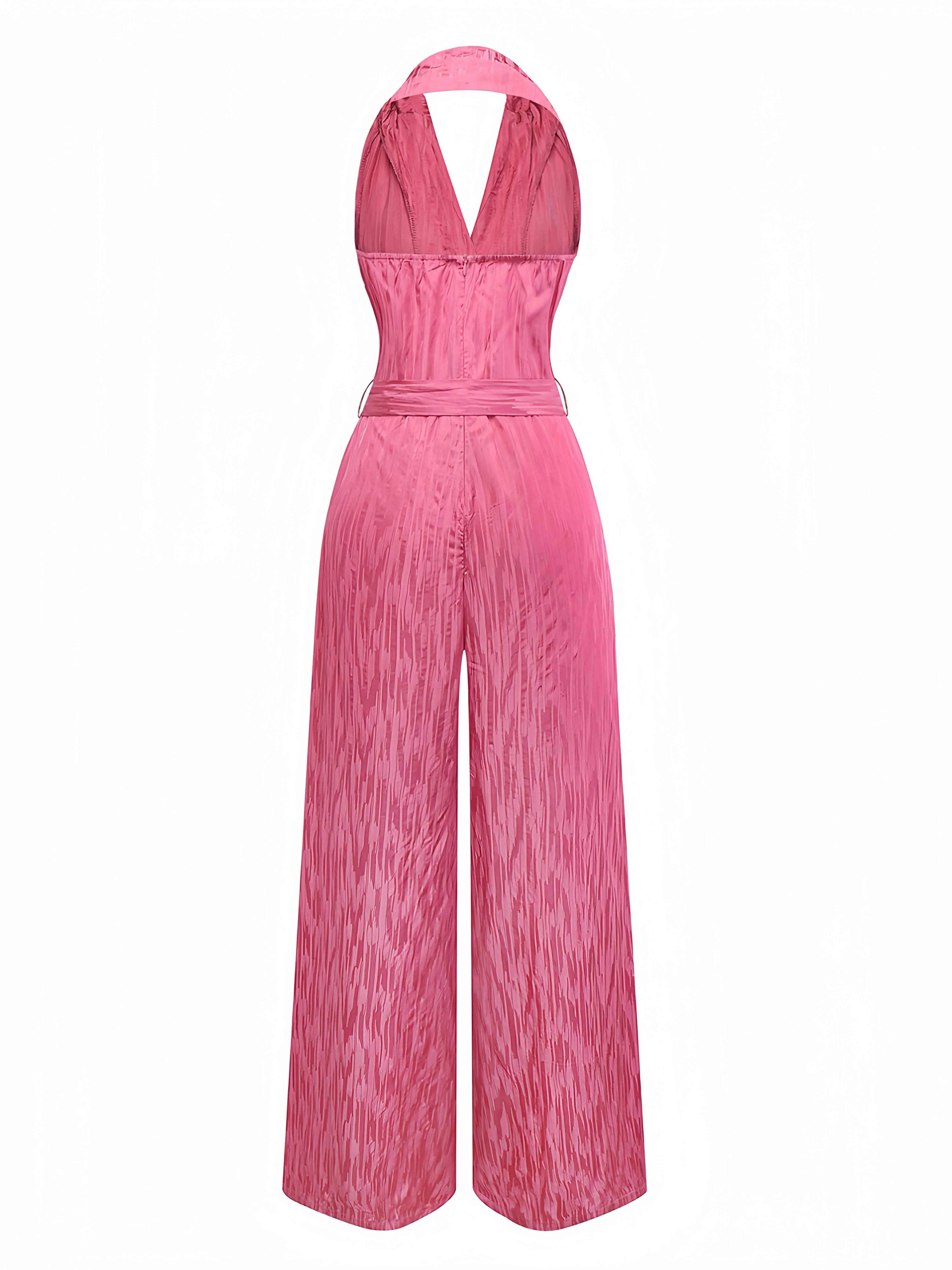 Pink 1970s Halter Lapel Satin Jumpsuit - Image 3