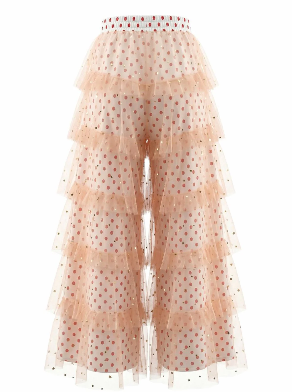 Pink 1970s Polka Dot Tulle Tiered Ruffle Pants - Image 2