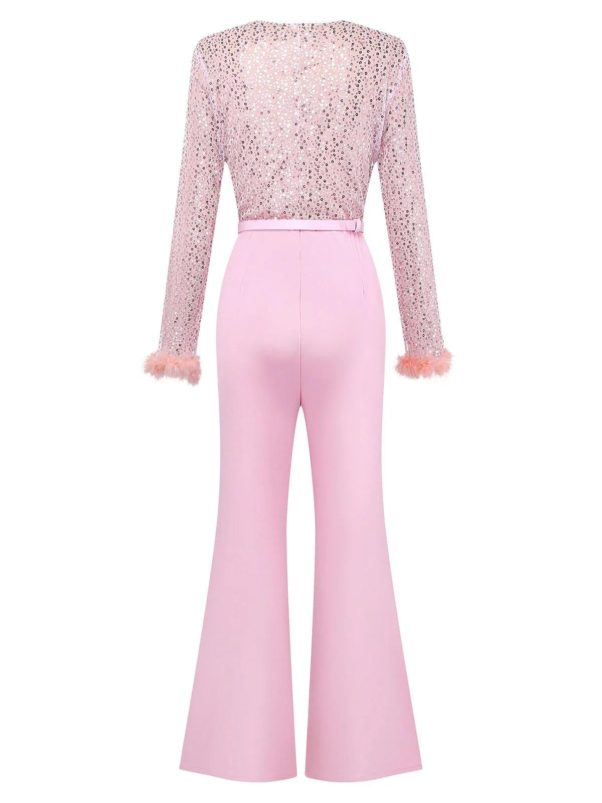 Pink 1970s Sequin Feather -Sleeve Wide-Leg Jumpsuit - Image 2