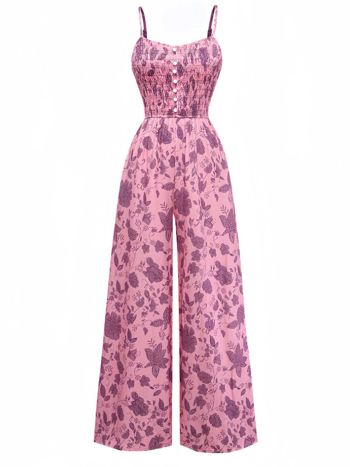 Pink 1970s Spaghetti Strap Floral Smocked Jumpsuit - Image 2