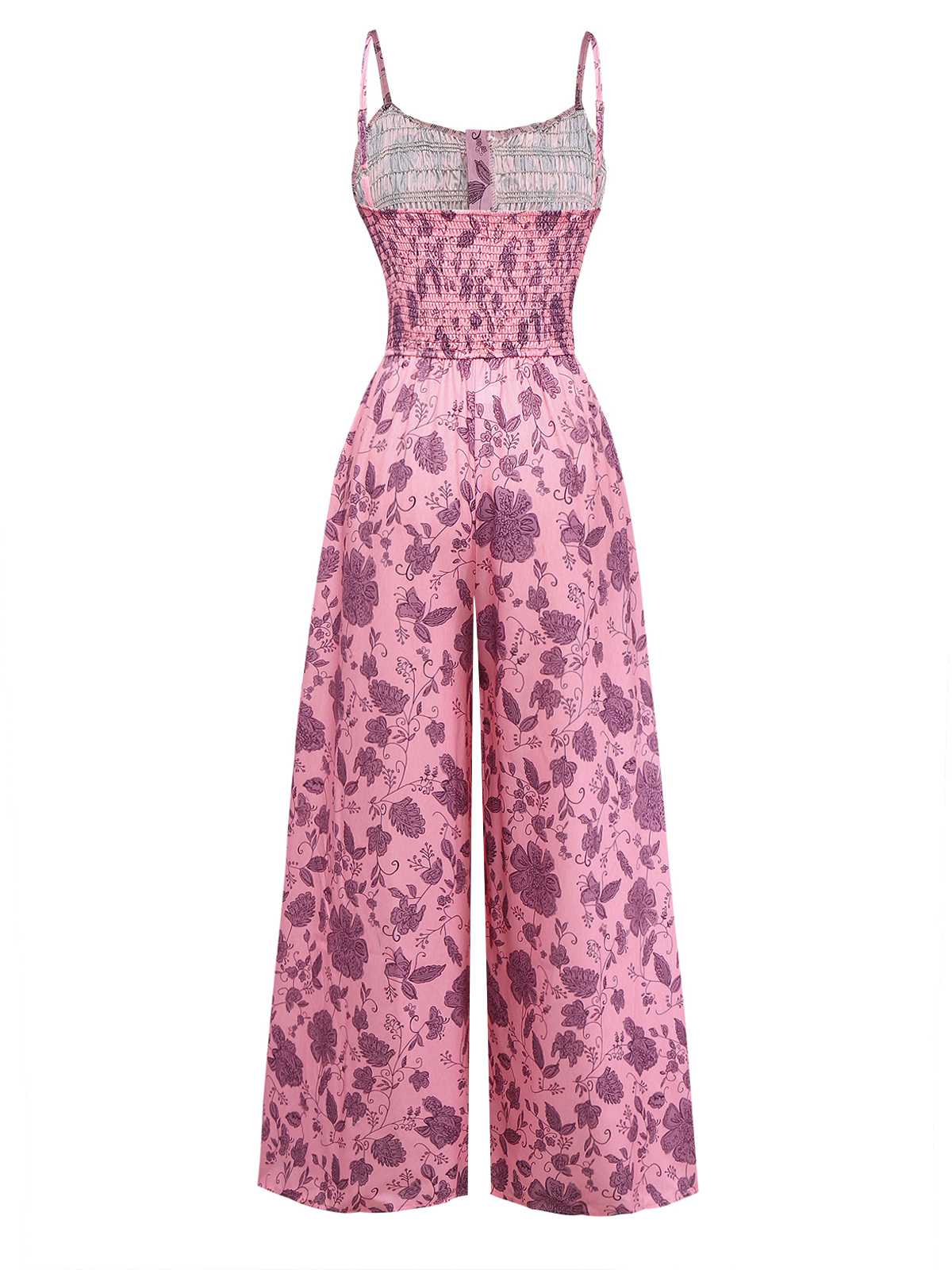 Pink 1970s Spaghetti Strap Floral Smocked Jumpsuit - Image 3