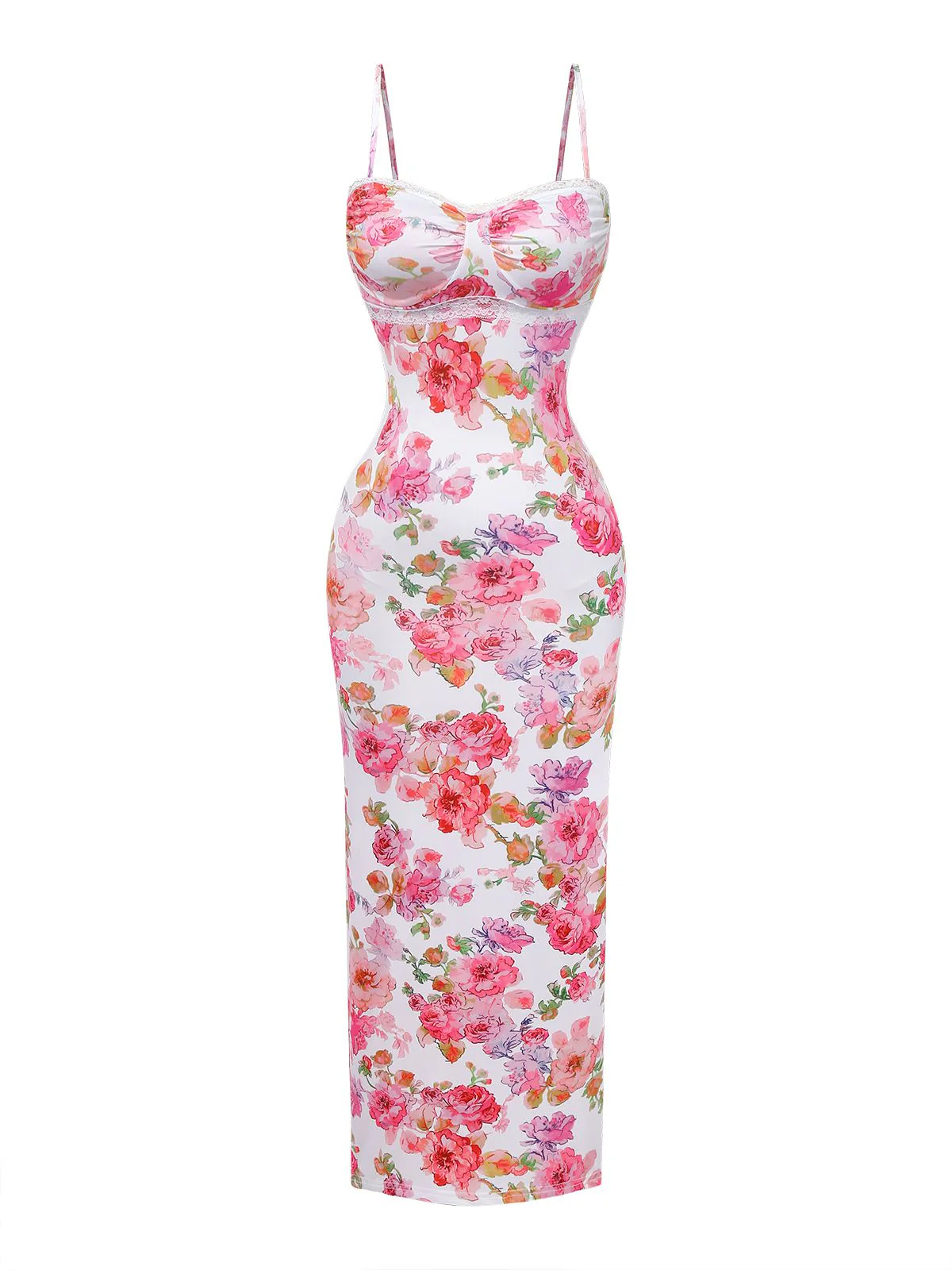 Pink 1980s Floral Print Slip Bodycon Maxi Dress - Image 2