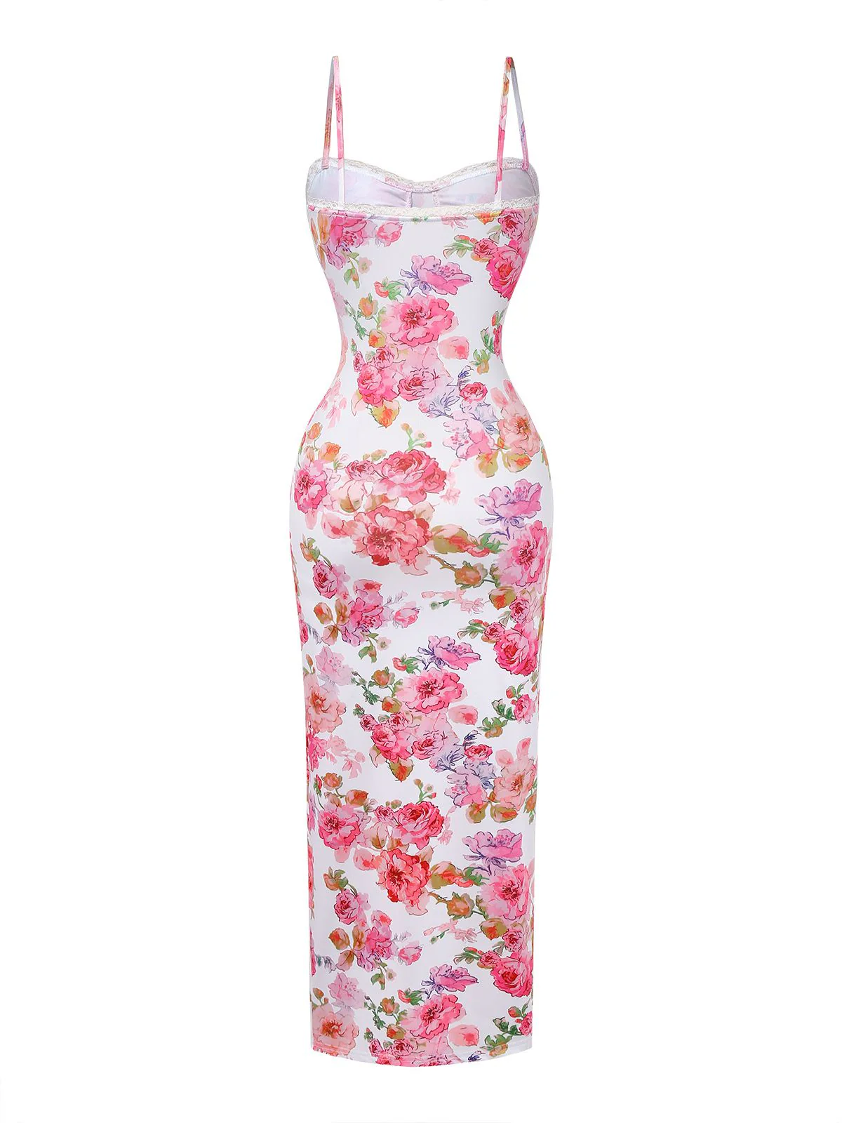 Pink 1980s Floral Print Slip Bodycon Maxi Dress - Image 3