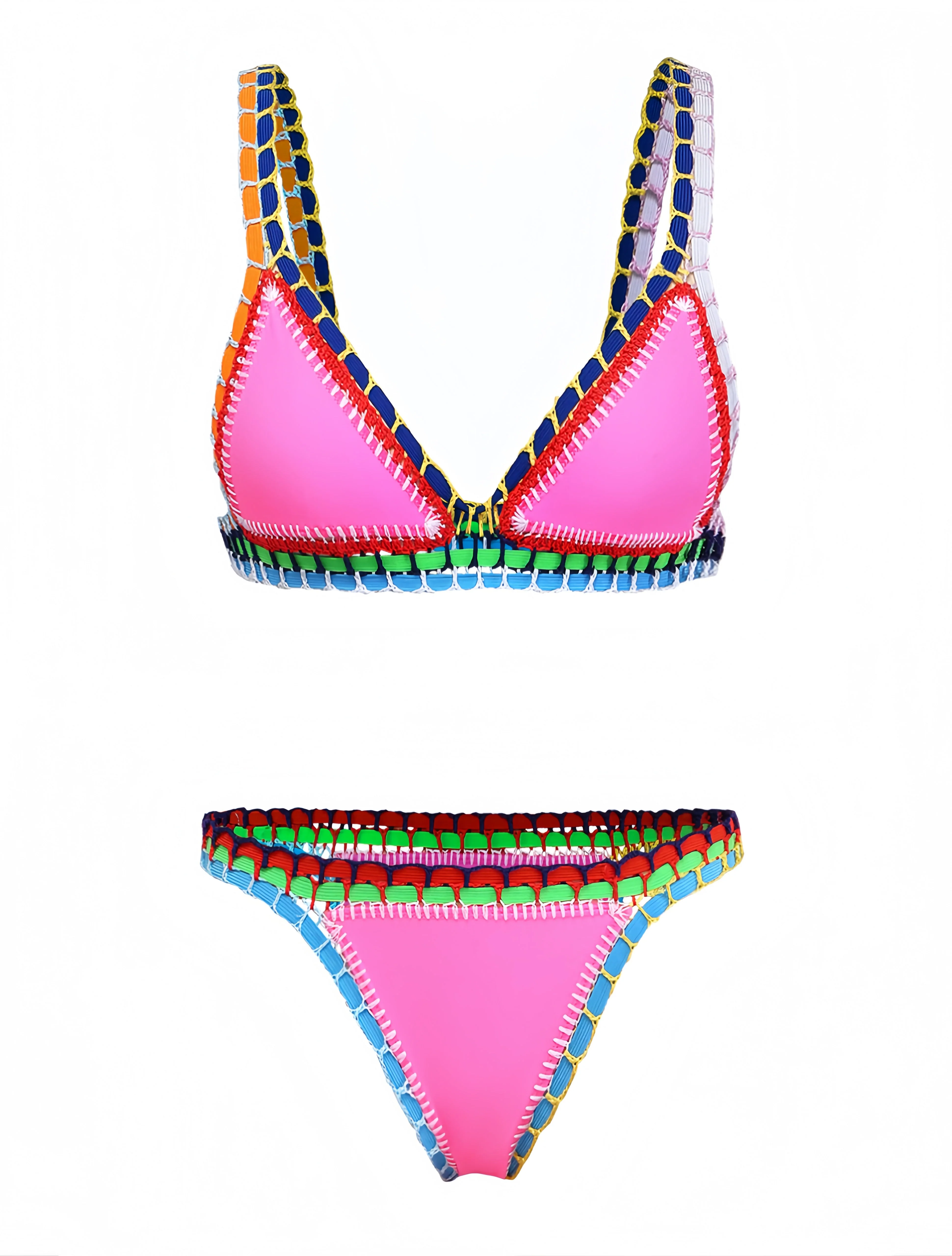 Pink 1980s Knitted Colorful Ribbons Bikini Set - Image 2