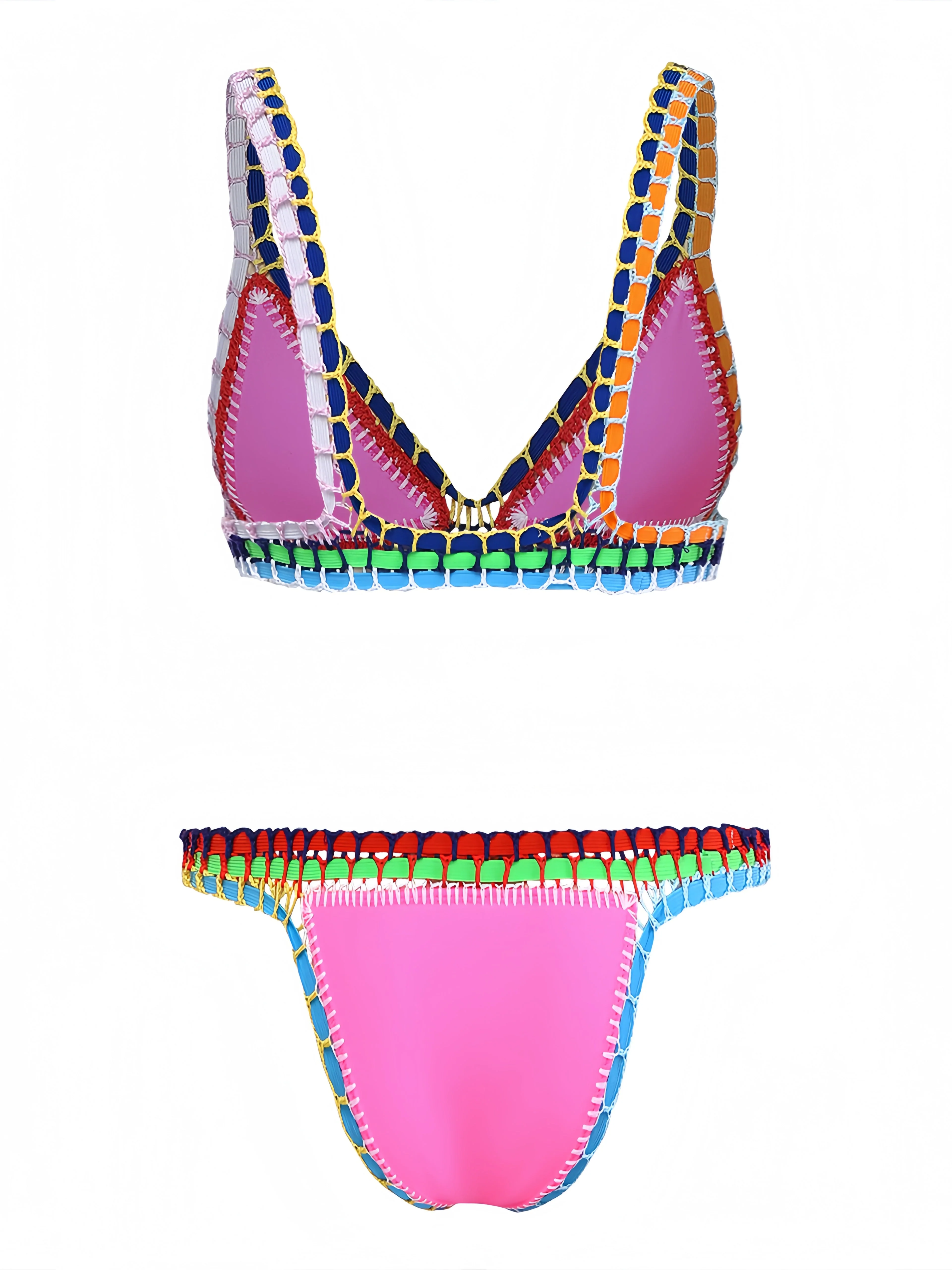 Pink 1980s Knitted Colorful Ribbons Bikini Set - Image 3