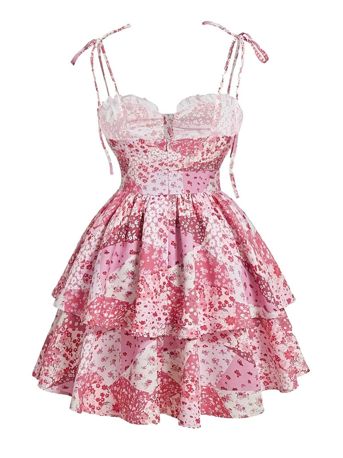 Pink 1980s Spaghetti Strap Ditsy Floral Tiered Dress - Image 2