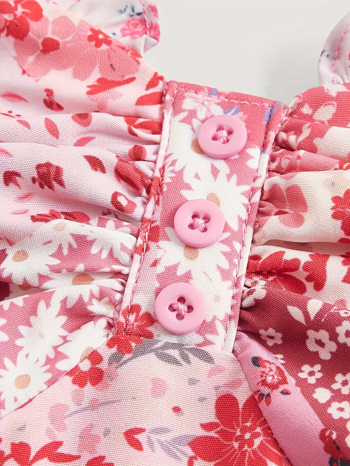 Pink 1980s Spaghetti Strap Ditsy Floral Tiered Dress - Image 3