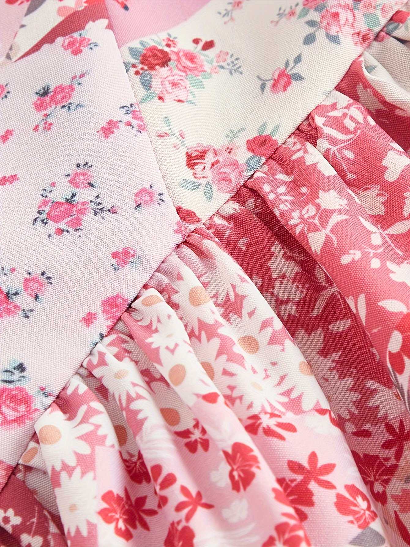 Pink 1980s Spaghetti Strap Ditsy Floral Tiered Dress - Image 4