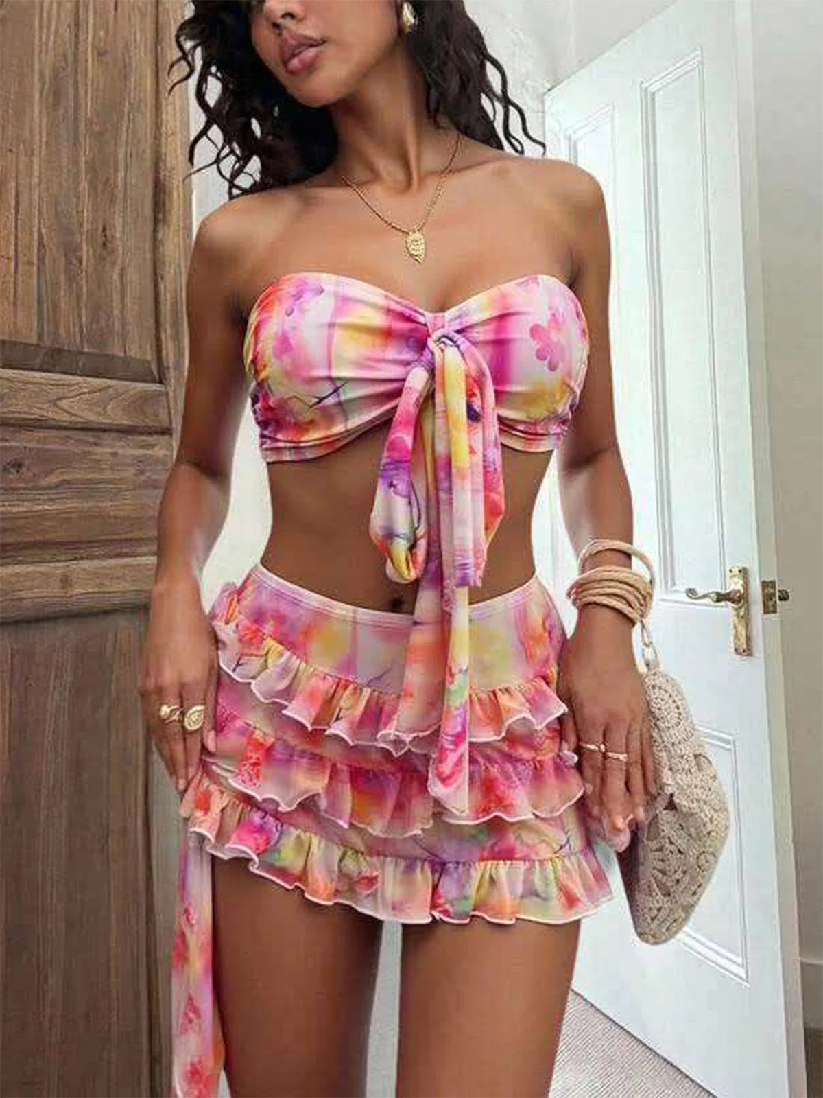 Pink 1980s Tie Dye Floral Bikini Set & Cover-UP - Image 5