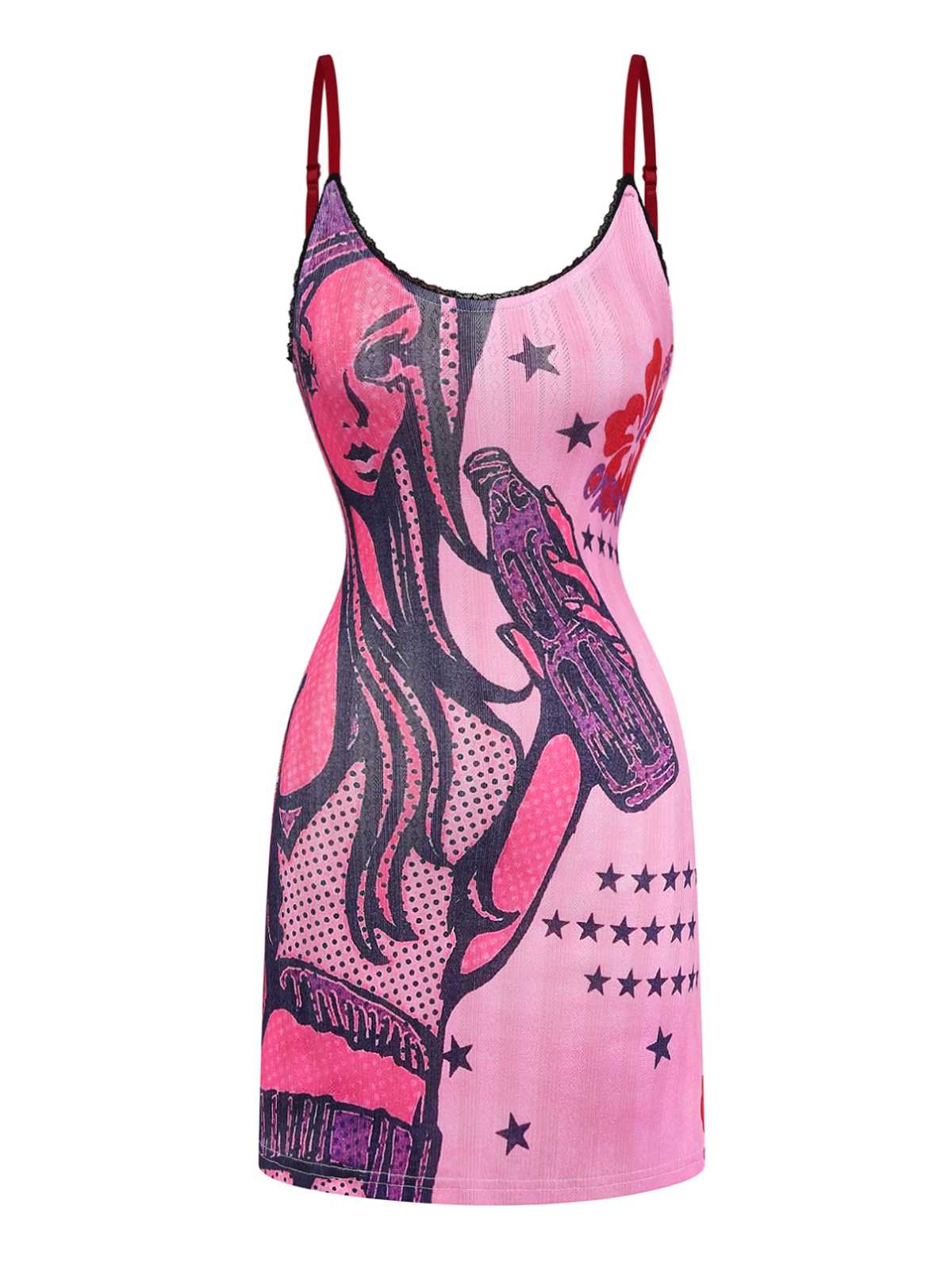 Pink 2000s Slip Lace Trim Cartoon Print Dress - Image 2