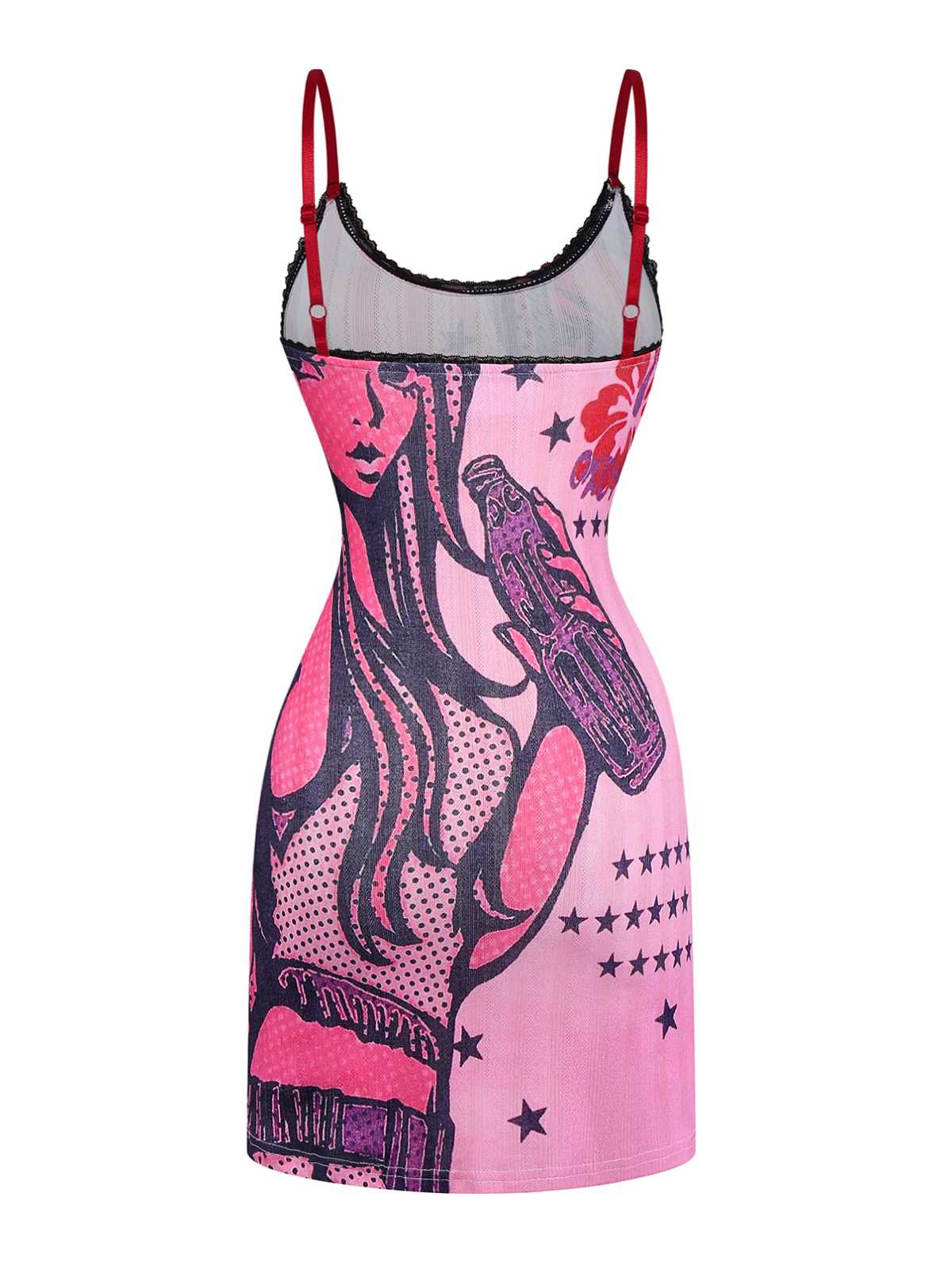 Pink 2000s Slip Lace Trim Cartoon Print Dress - Image 3