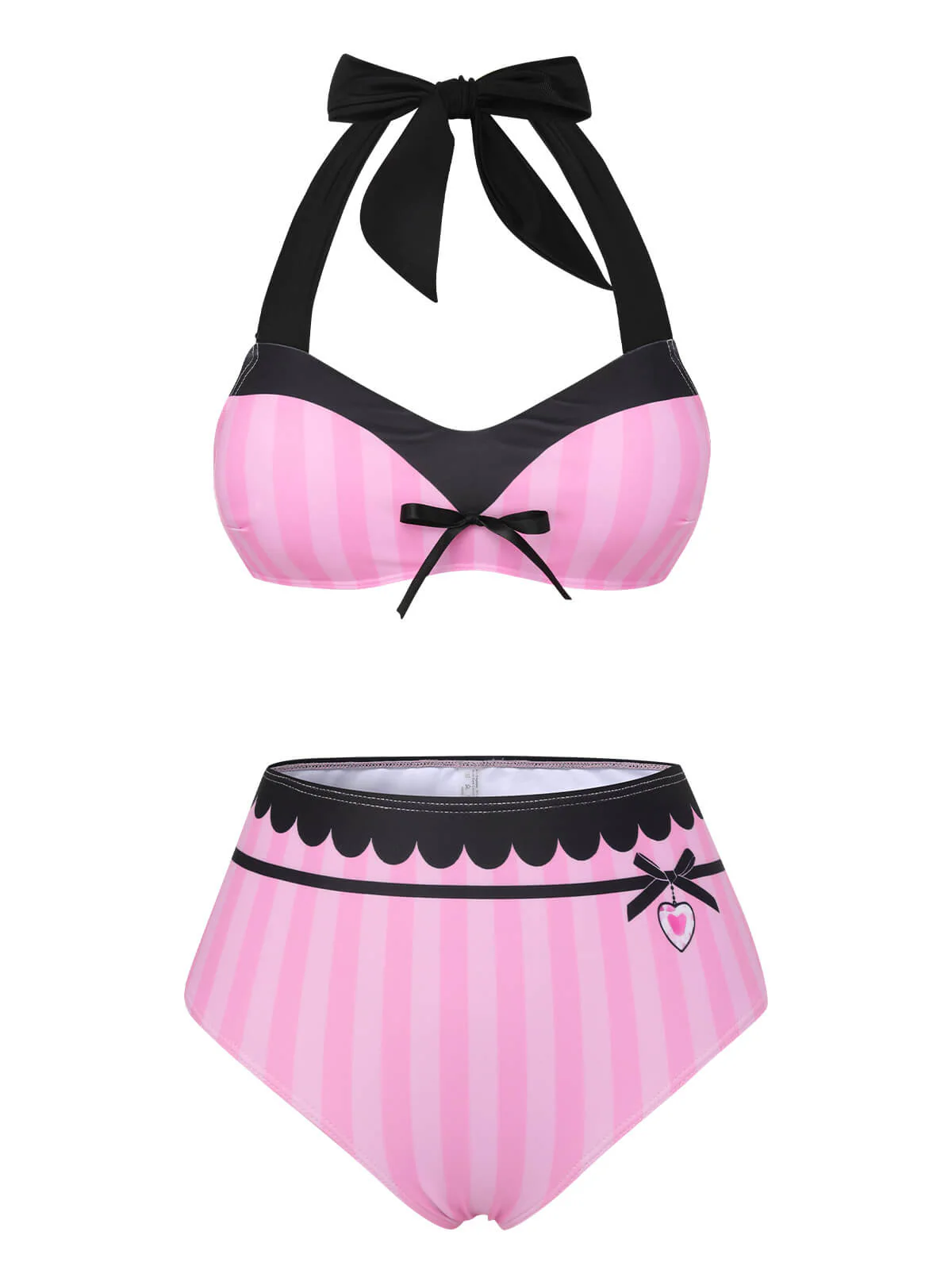 Pink & Black 1950s Stripe Halter Swimsuit - Image 2