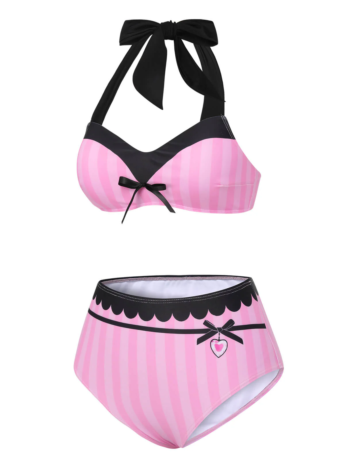 Pink & Black 1950s Stripe Halter Swimsuit - Image 3