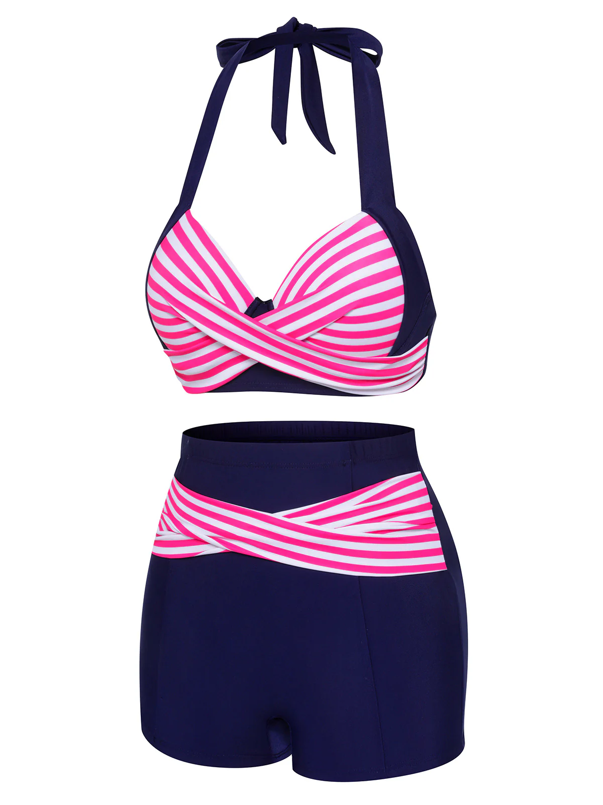 Pink & Blue 1950s Striped Halter Swimsuit - Image 3
