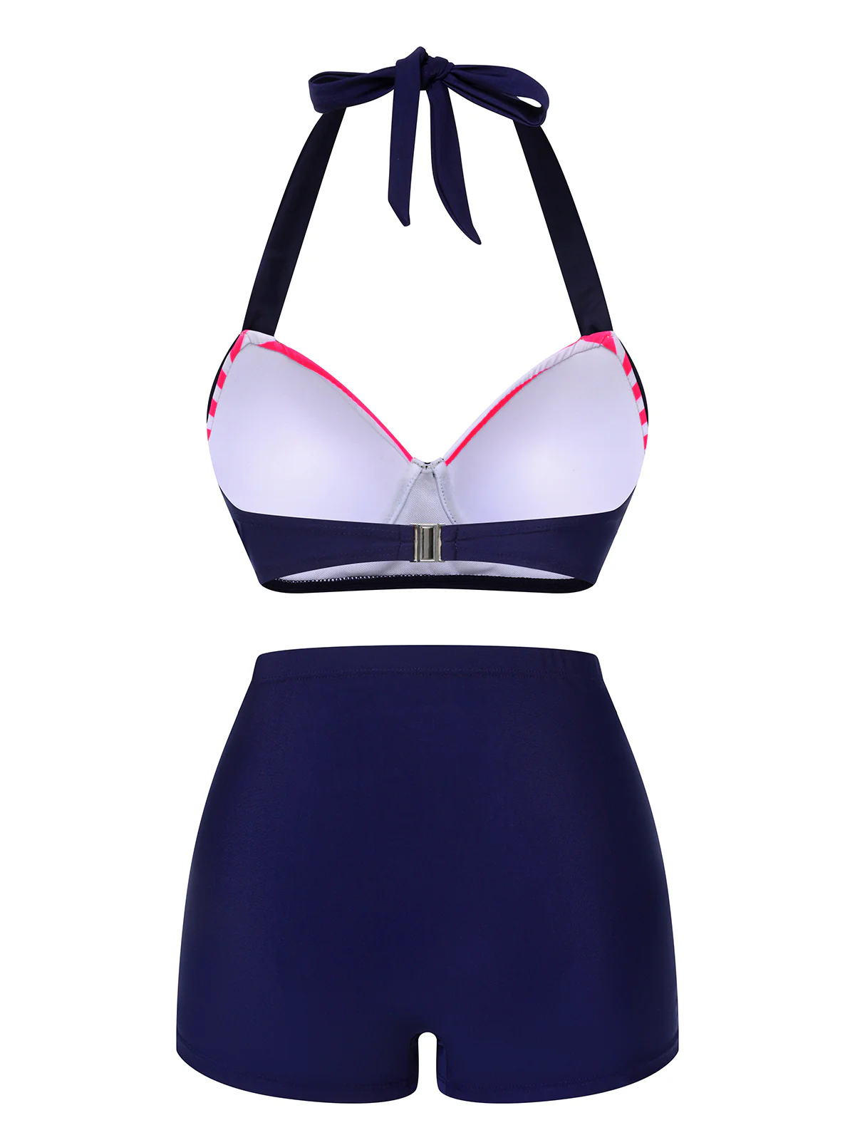 Pink & Blue 1950s Striped Halter Swimsuit - Image 4