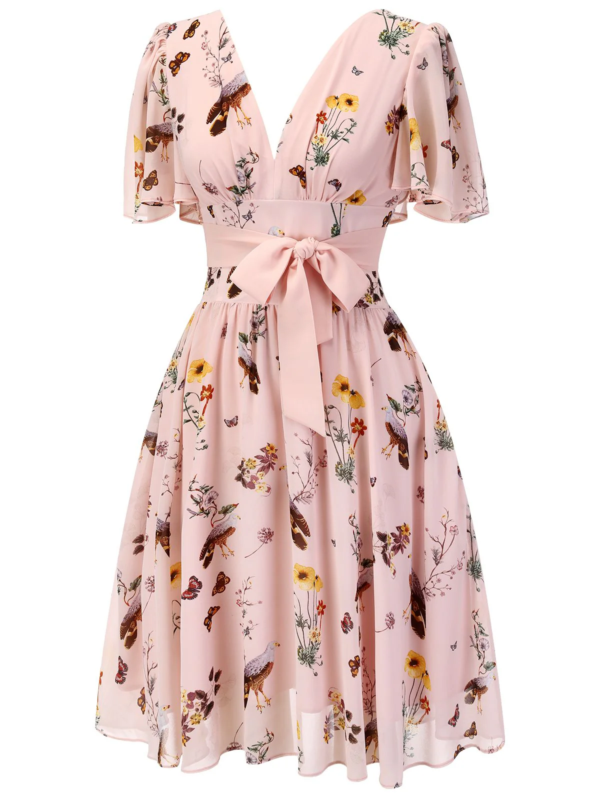 Pink Flowers And Birds Bowknot V-Neck Dress - Image 4