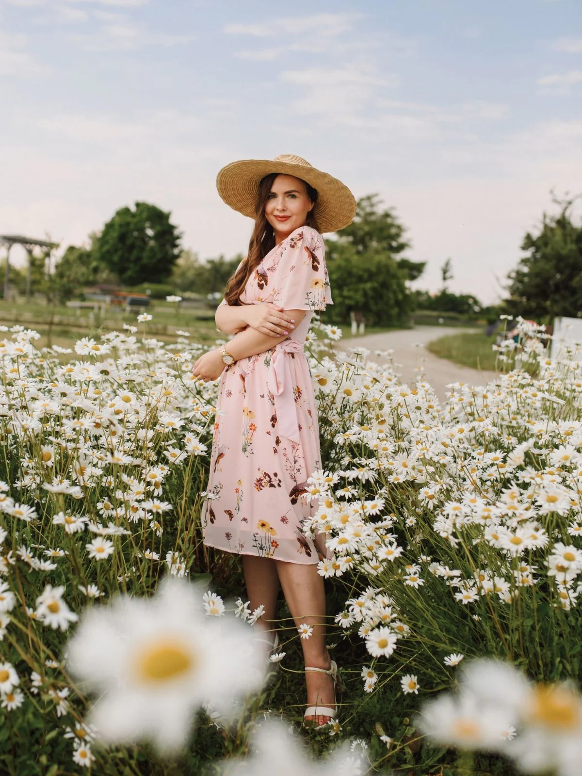 Pink Flowers And Birds Bowknot V-Neck Dress - Image 2