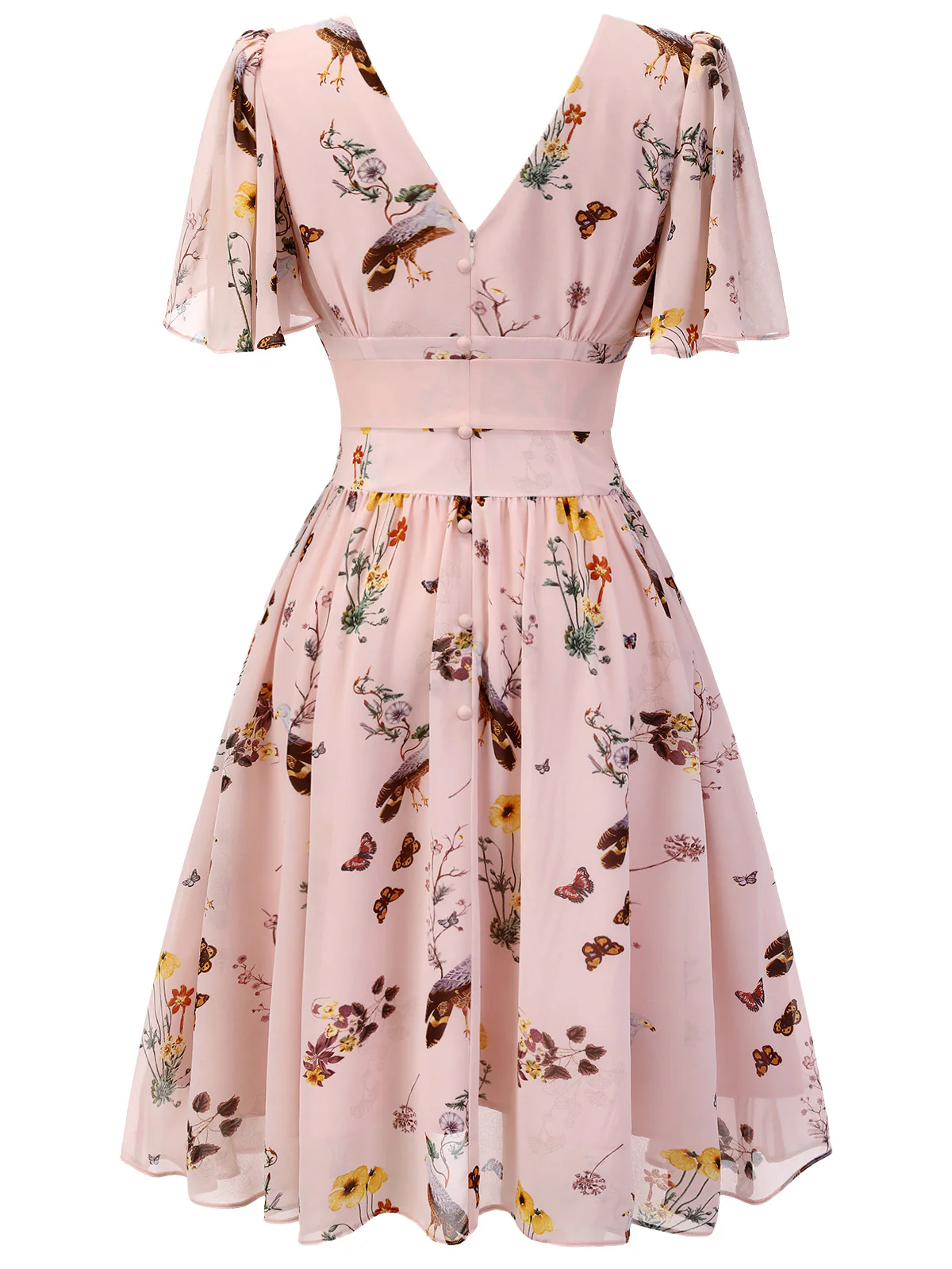 Pink Flowers And Birds Bowknot V-Neck Dress - Image 6