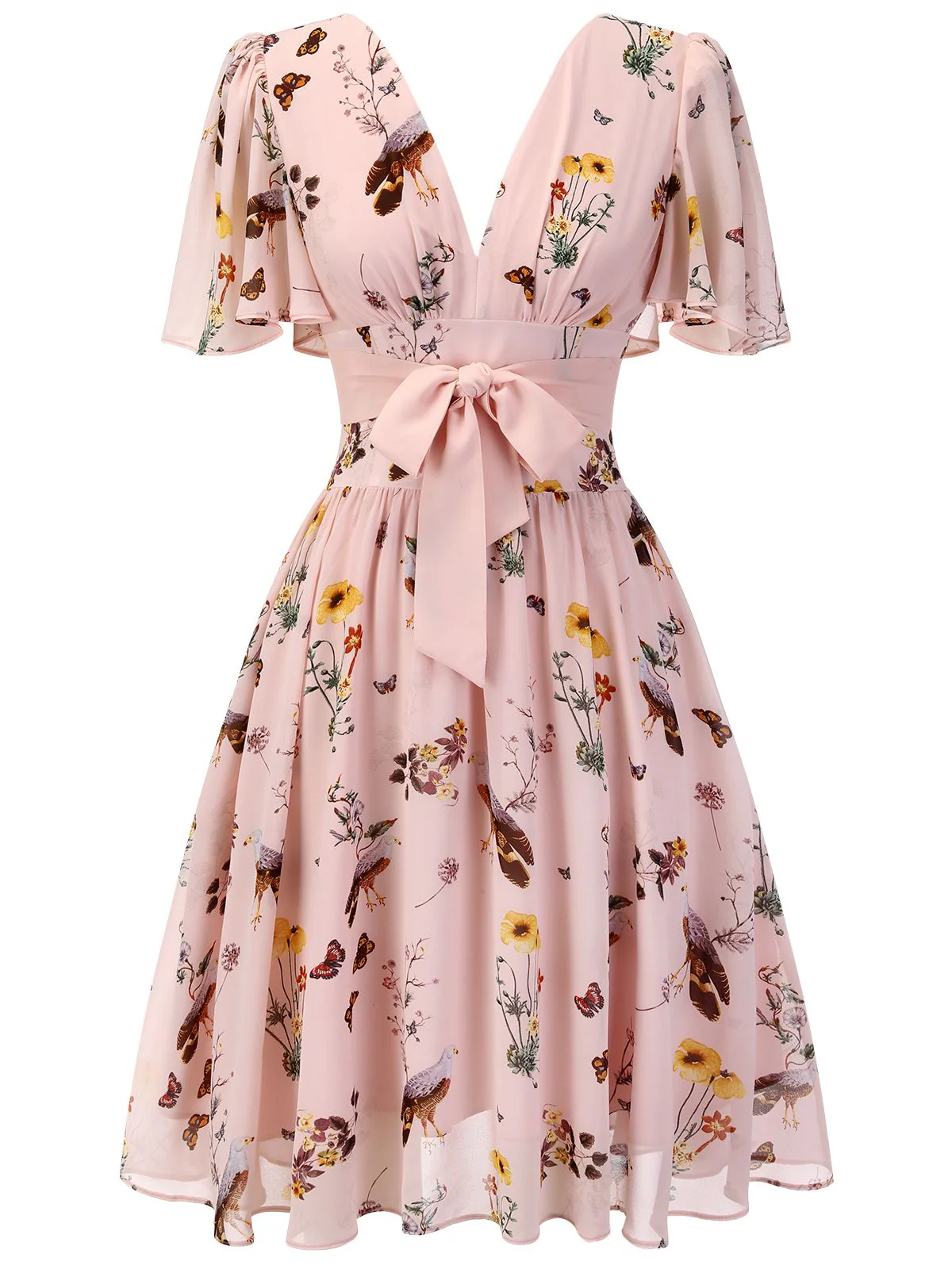 Pink Flowers And Birds Bowknot V-Neck Dress - Image 3