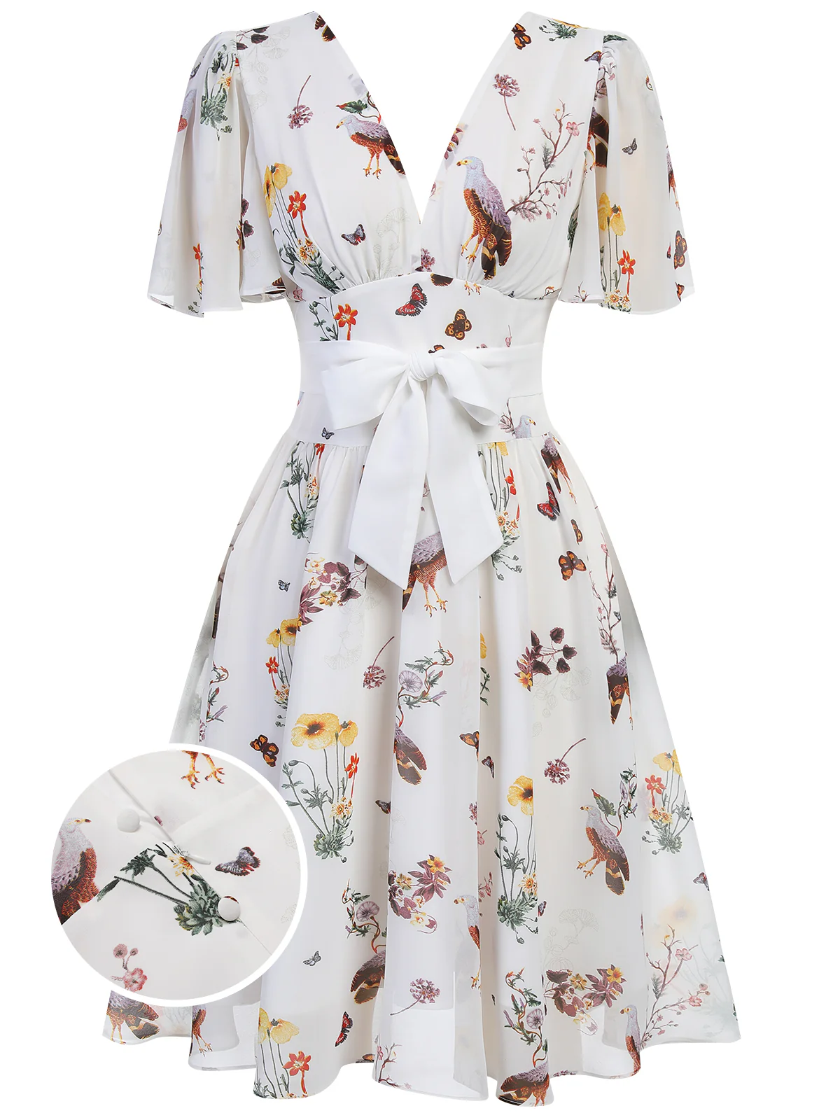 Pink Flowers And Birds Bowknot V-Neck Dress - Image 8