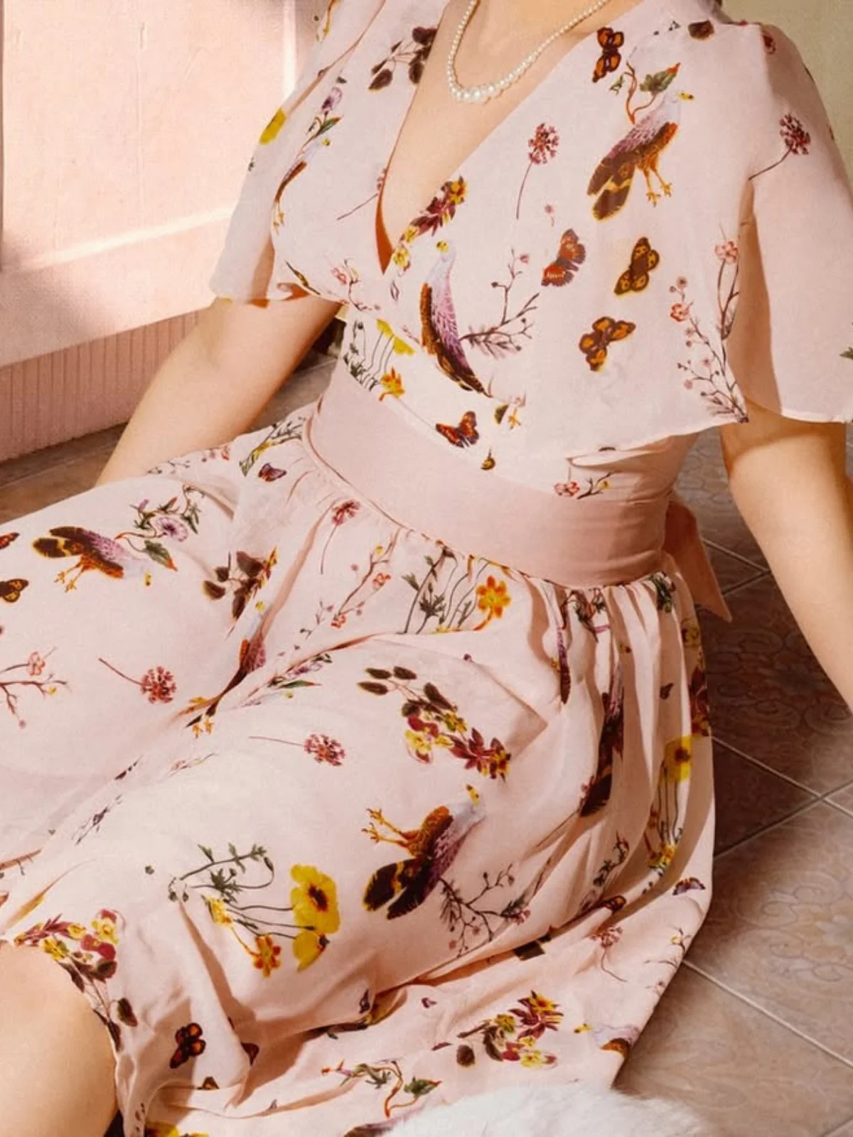 Pink Flowers And Birds Bowknot V-Neck Dress - Image 2