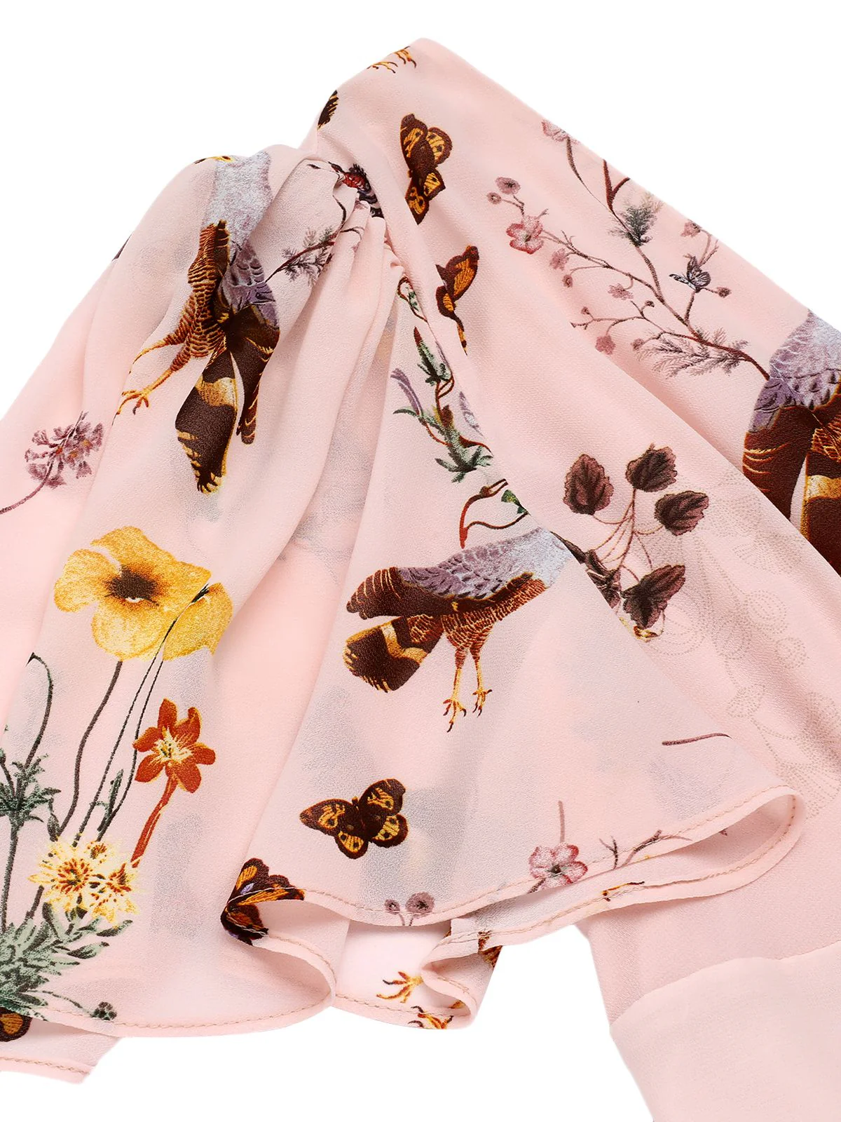 Pink Flowers And Birds Bowknot V-Neck Dress - Image 6